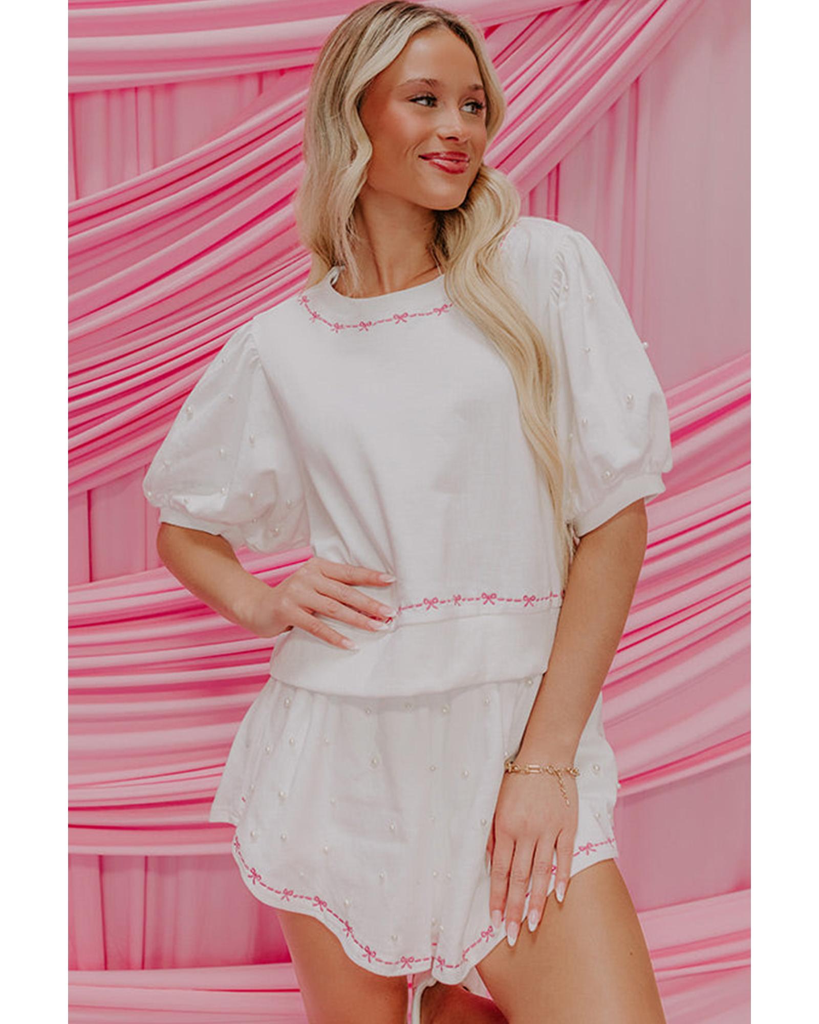 White Contrast Bow Trim Pearl Puff Sleeve Blouse and Skort 2pcs Set - M 4