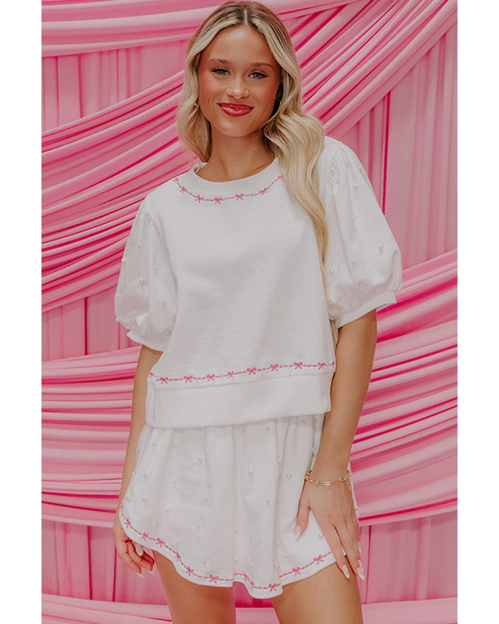 White Contrast Bow Trim Pearl Puff Sleeve Blouse and Skort 2pcs Set - M 7