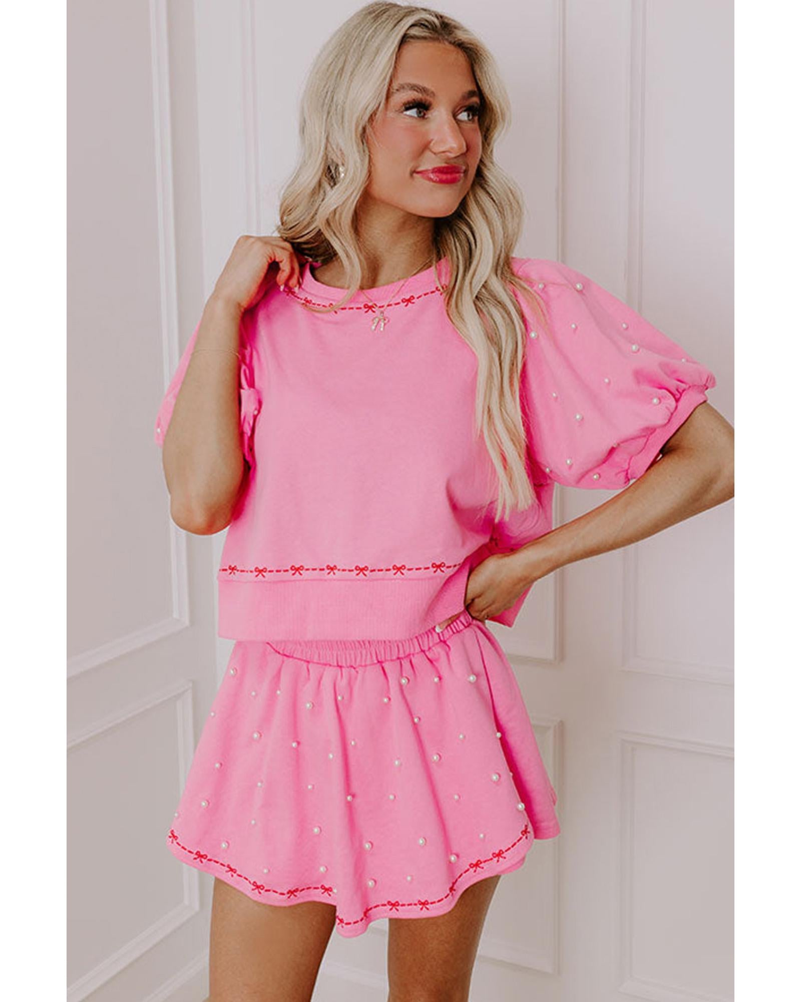 Pink Contrast Bow Trim Pearl Puff Sleeve Blouse and Skort 2pcs Set - L 3
