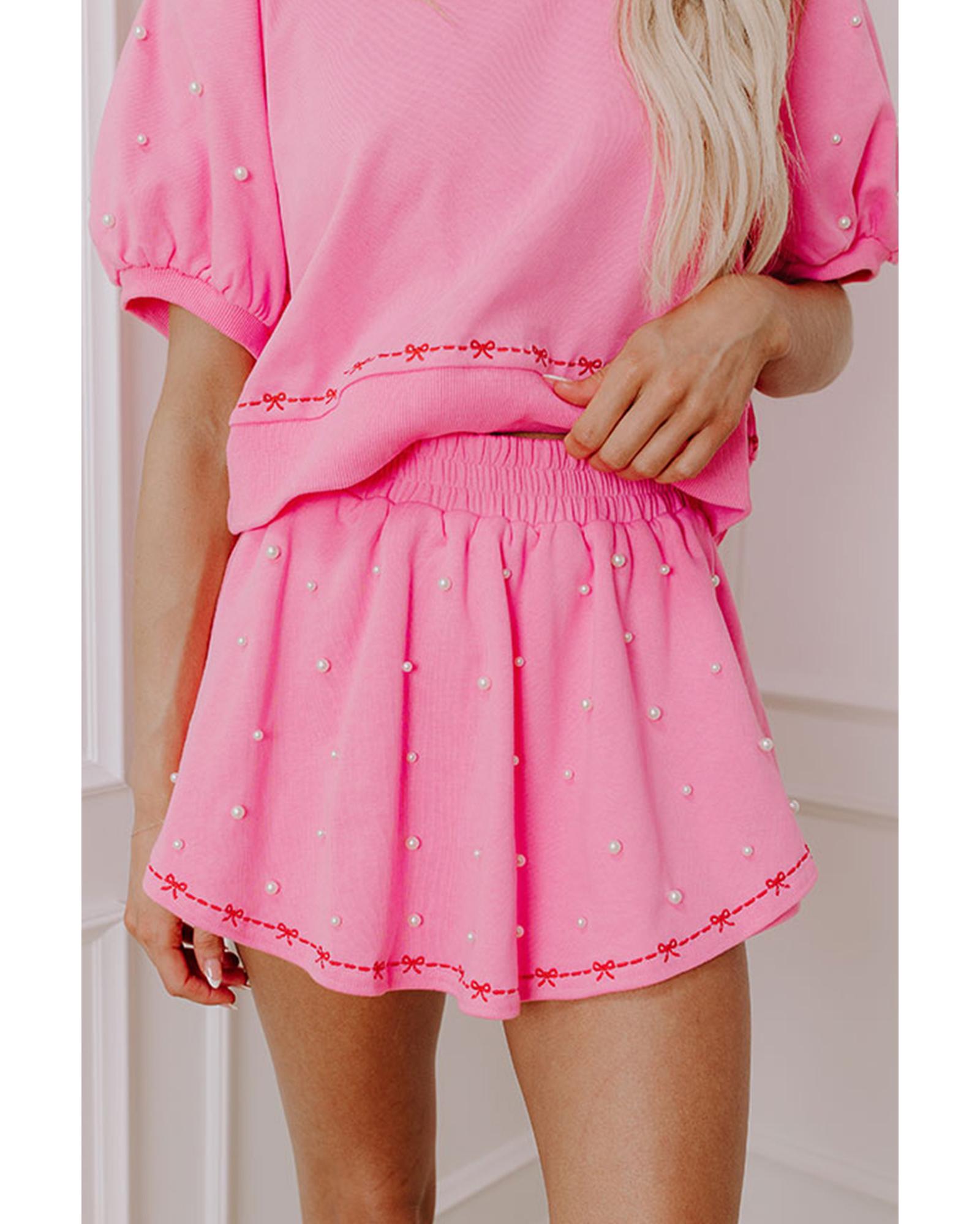Pink Contrast Bow Trim Pearl Puff Sleeve Blouse and Skort 2pcs Set - L 4
