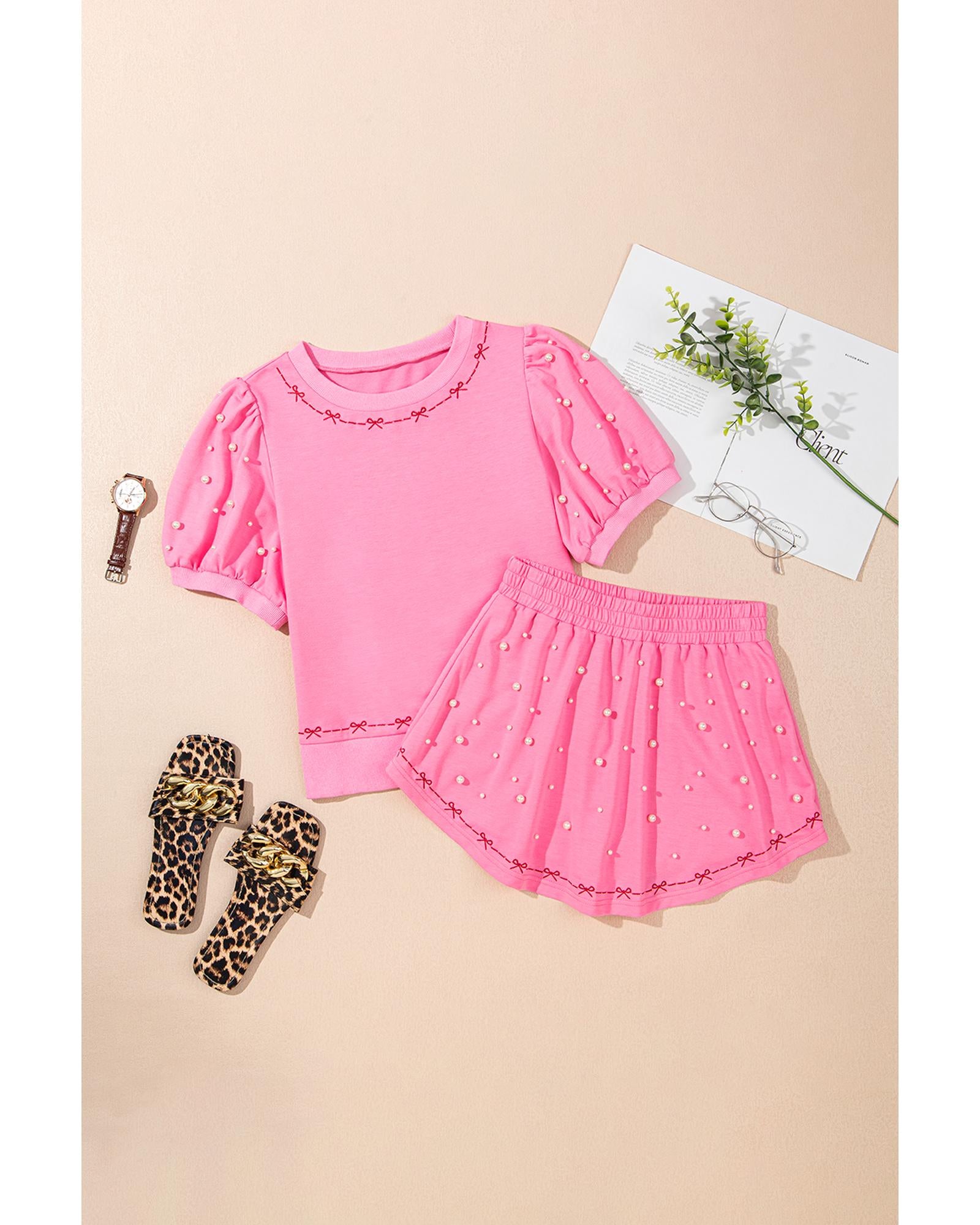 Pink Contrast Bow Trim Pearl Puff Sleeve Blouse and Skort 2pcs Set - M 6