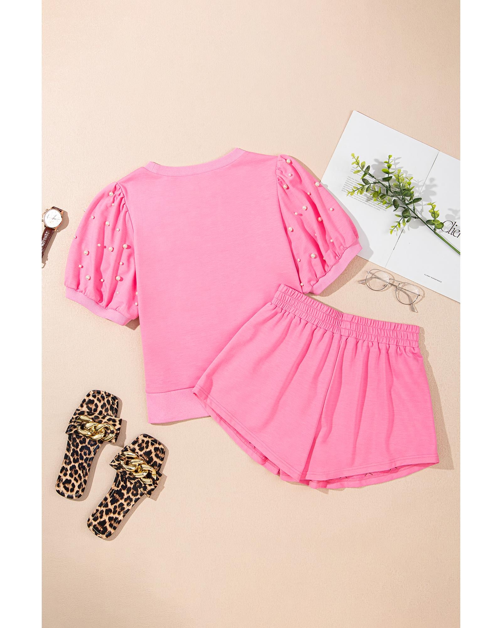 Pink Contrast Bow Trim Pearl Puff Sleeve Blouse and Skort 2pcs Set - M 7