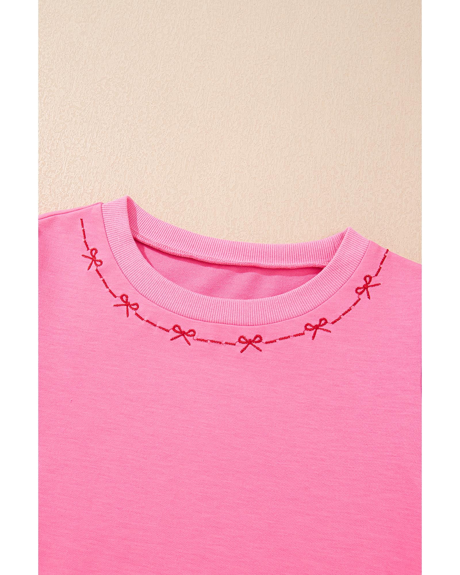 Pink Contrast Bow Trim Pearl Puff Sleeve Blouse and Skort 2pcs Set - M 8