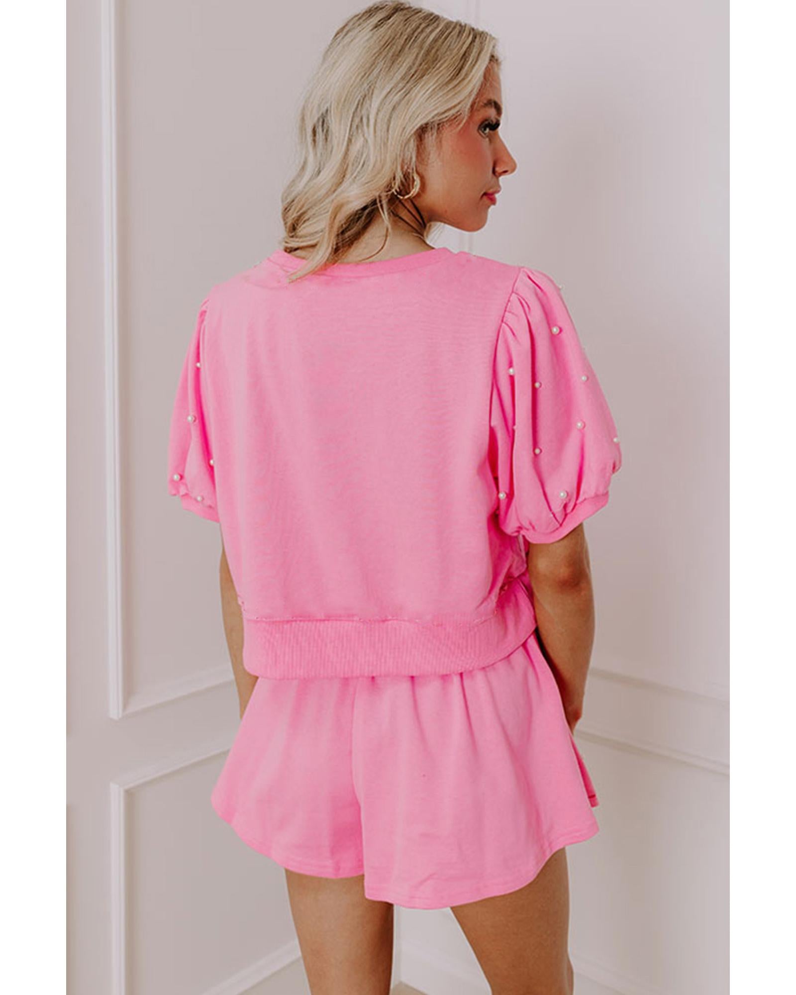 Pink Contrast Bow Trim Pearl Puff Sleeve Blouse and Skort 2pcs Set - S