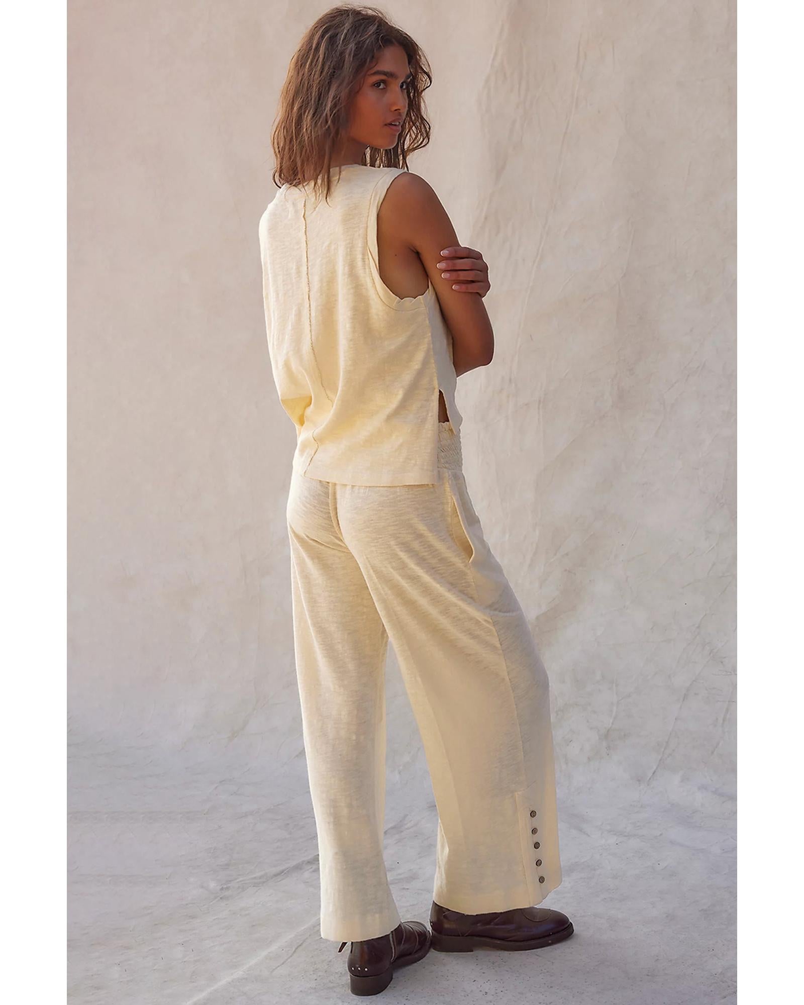 Beige Solid Color Tank Top and Smocked Waist Pants Set - M