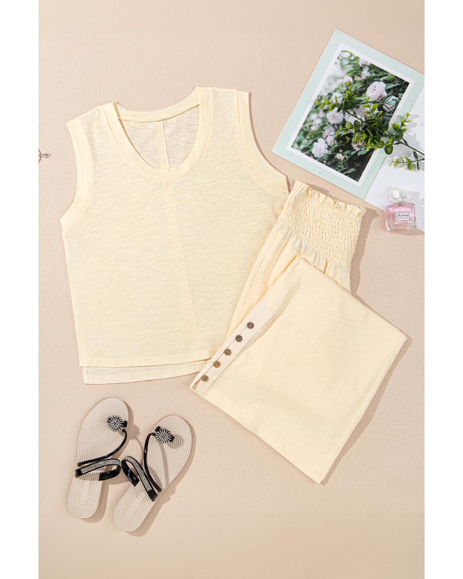 Beige Solid Color Tank Top and Smocked Waist Pants Set - M 4