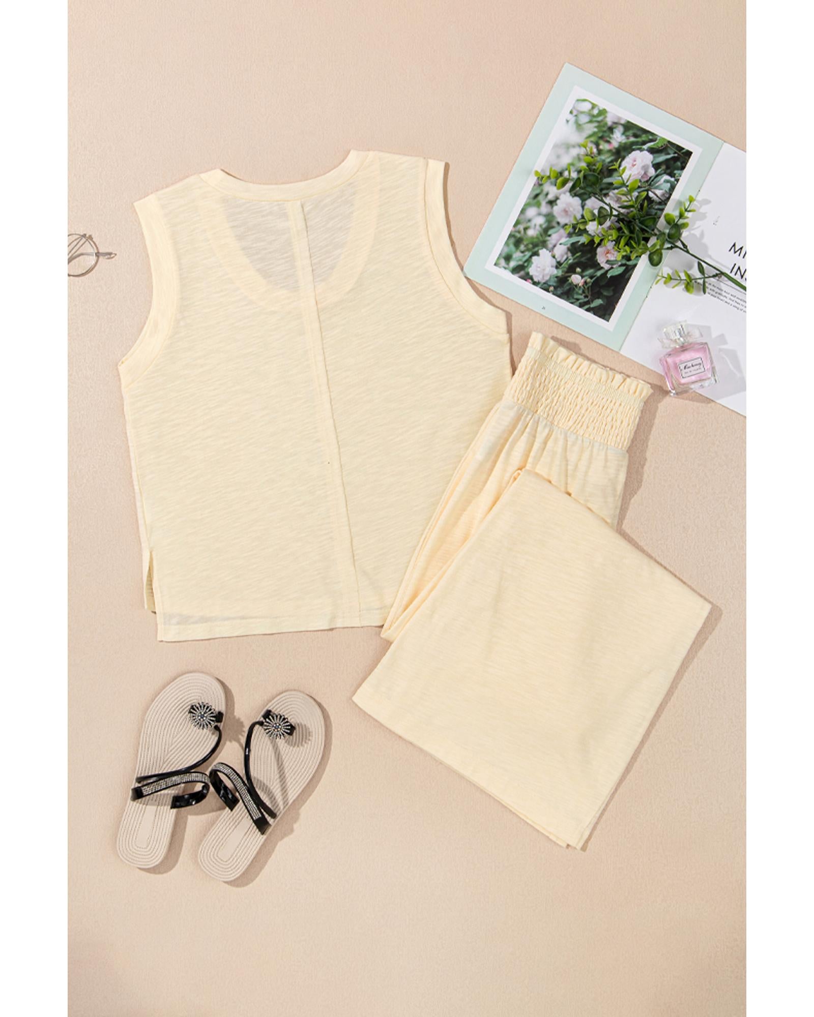 Beige Solid Color Tank Top and Smocked Waist Pants Set - M 5