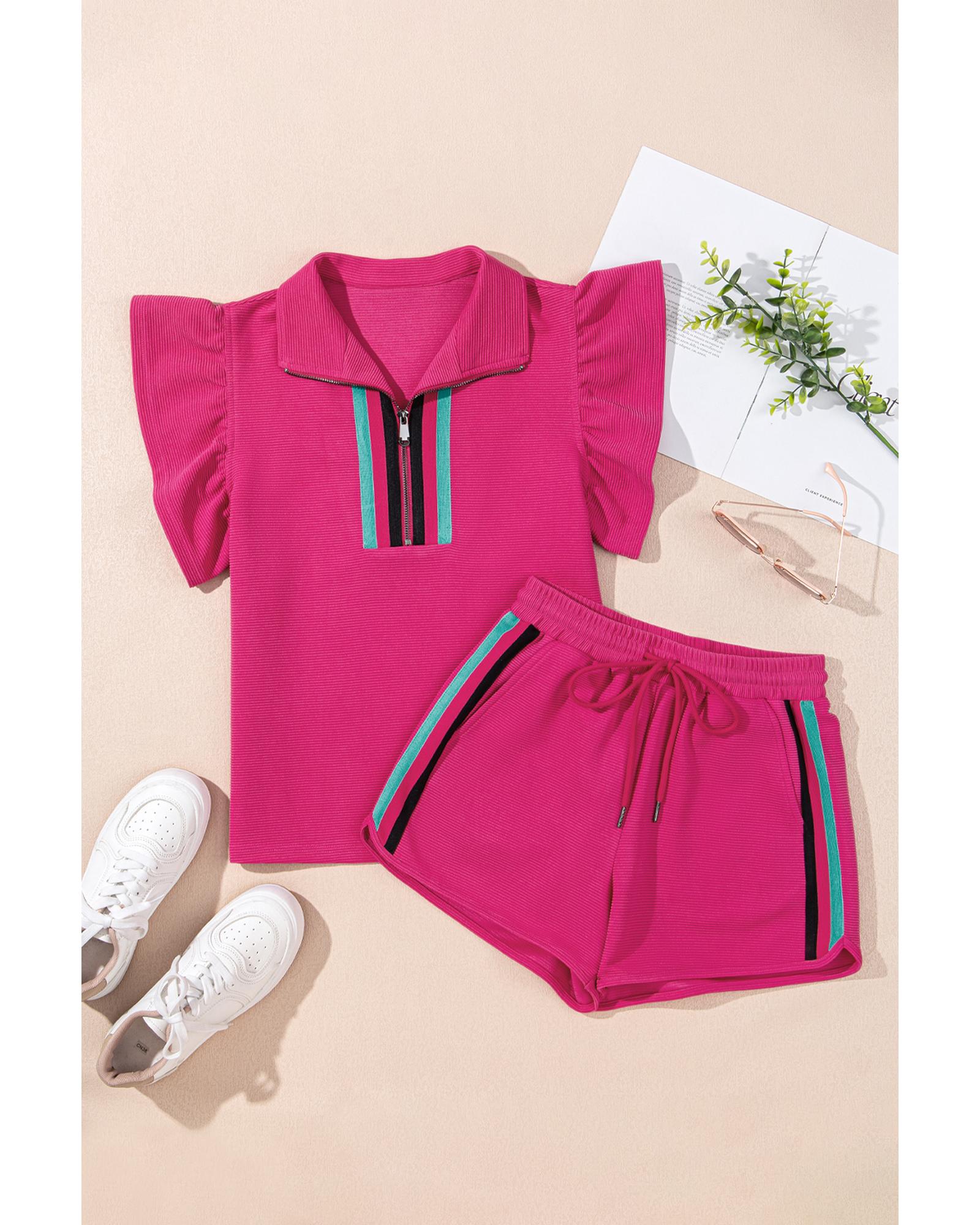 Strawberry Pink Striped Detail Flutter Sleeve Zipped Collar Short Set - XL