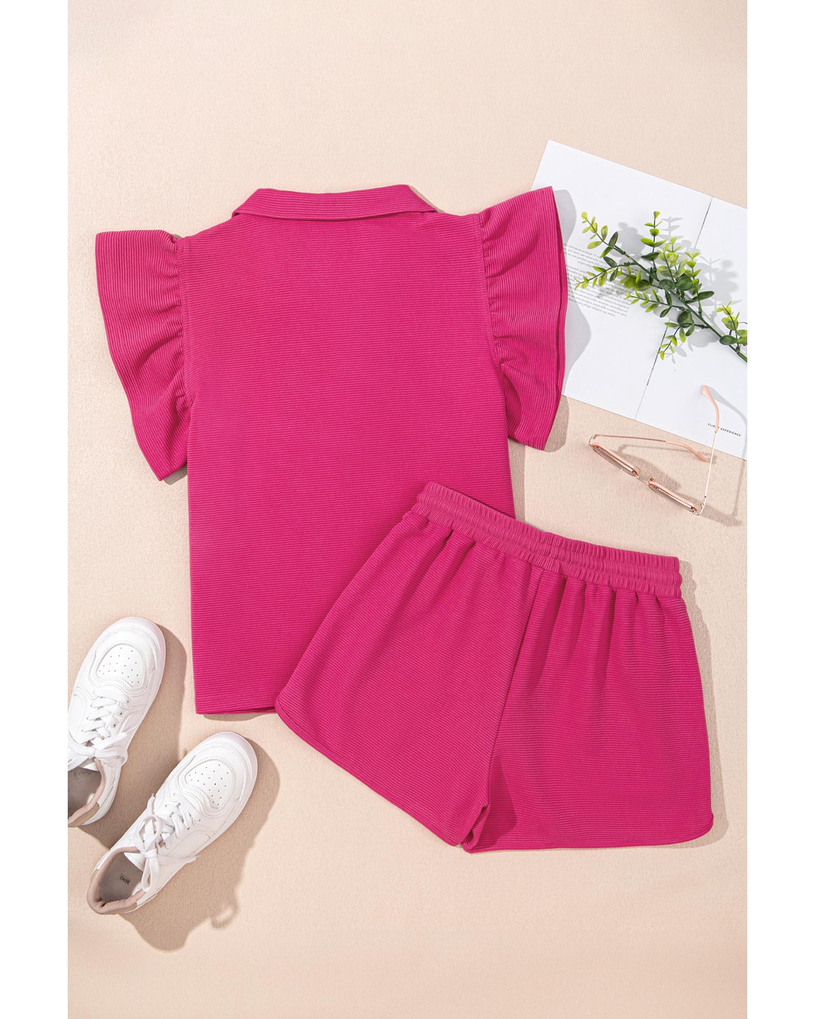 Strawberry Pink Striped Detail Flutter Sleeve Zipped Collar Short Set - XL 3