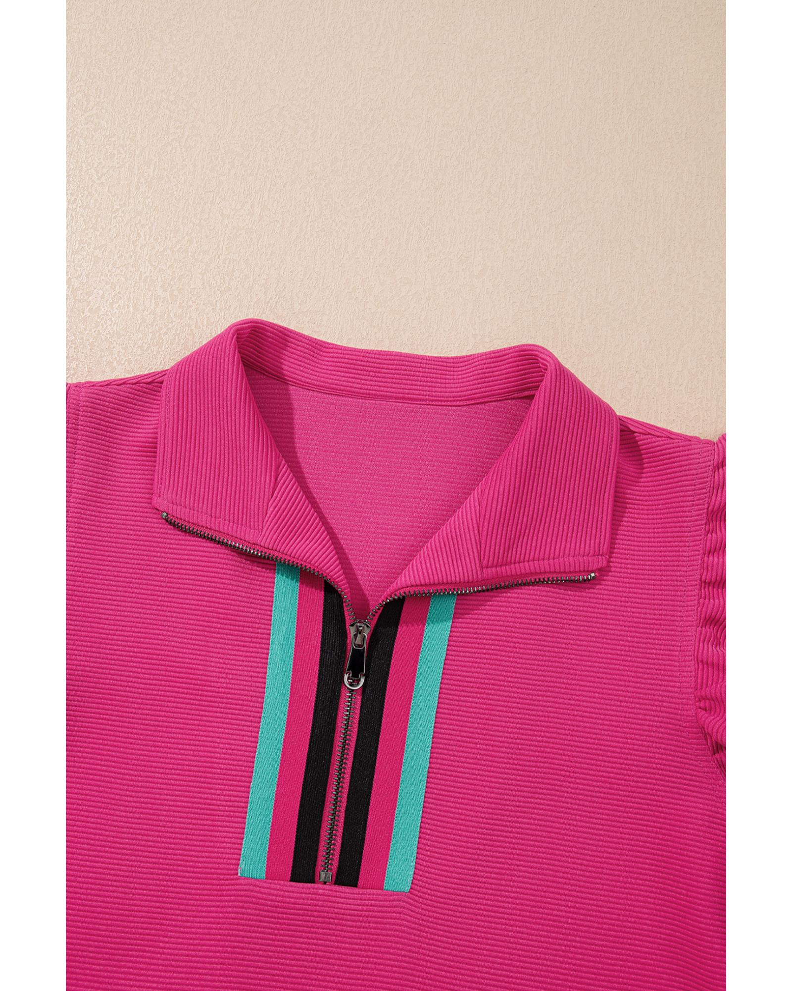 Strawberry Pink Striped Detail Flutter Sleeve Zipped Collar Short Set - XL 4