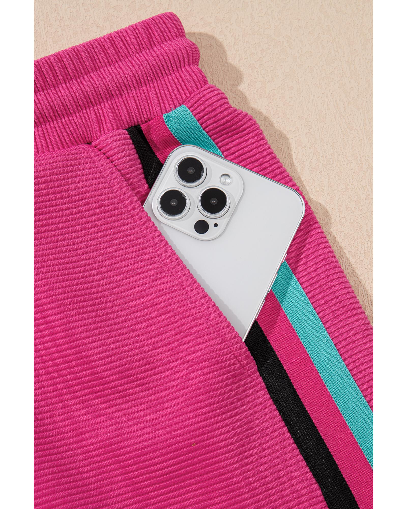 Strawberry Pink Striped Detail Flutter Sleeve Zipped Collar Short Set - XL 7