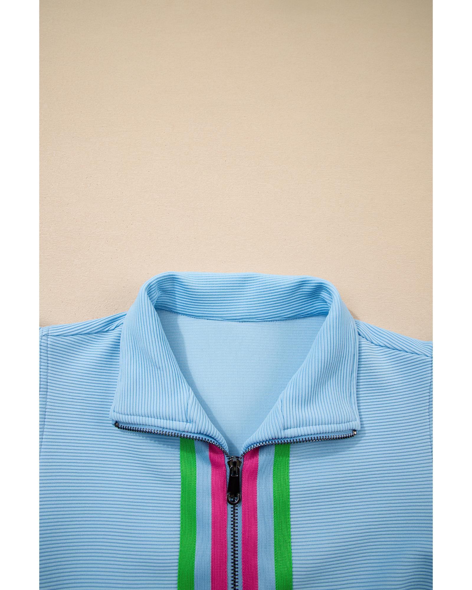 Beau Blue Striped Detail Flutter Sleeve Zipped Collar Short Set - L 5