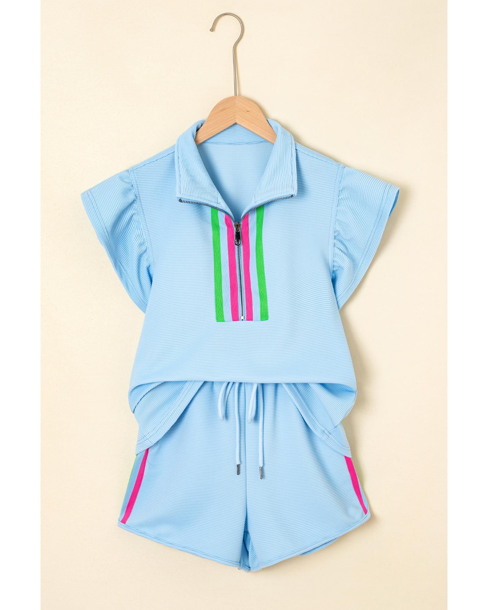 Beau Blue Striped Detail Flutter Sleeve Zipped Collar Short Set - XL 3