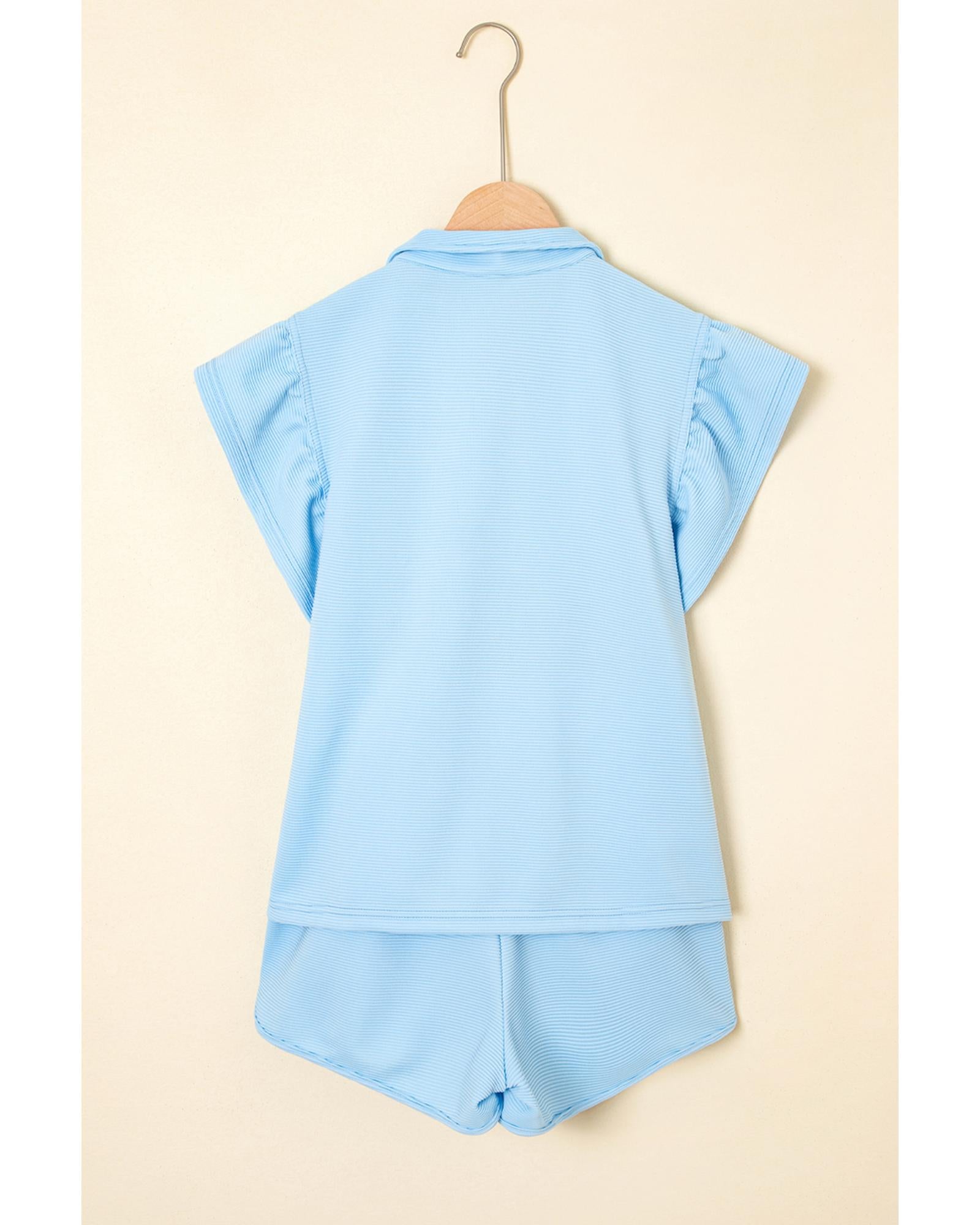 Beau Blue Striped Detail Flutter Sleeve Zipped Collar Short Set - XL 4