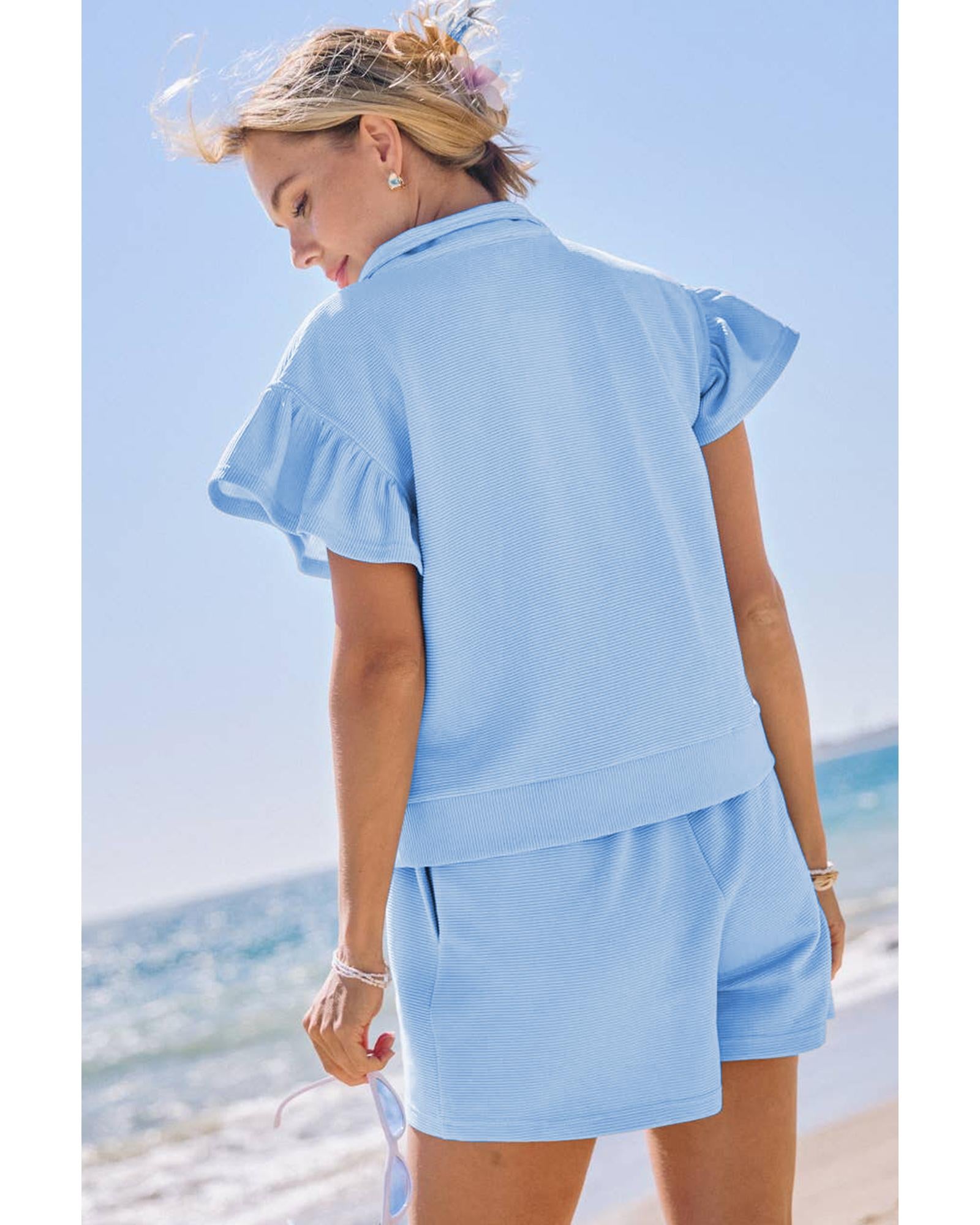 Beau Blue Ribbed Texture Half Zip Ruffled Short Sleeve Top and Shorts Set - L
