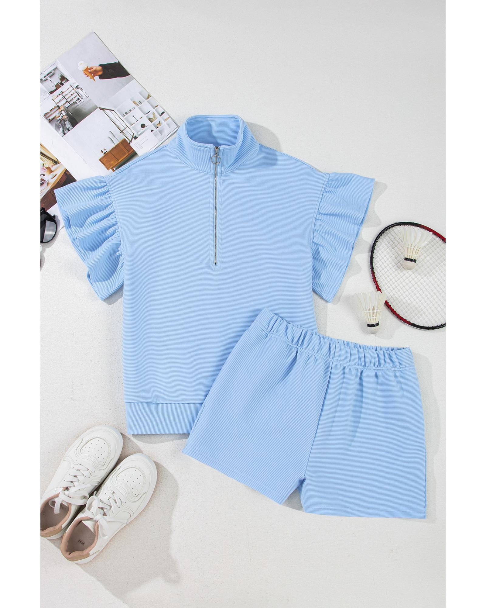 Beau Blue Ribbed Texture Half Zip Ruffled Short Sleeve Top and Shorts Set - L 6