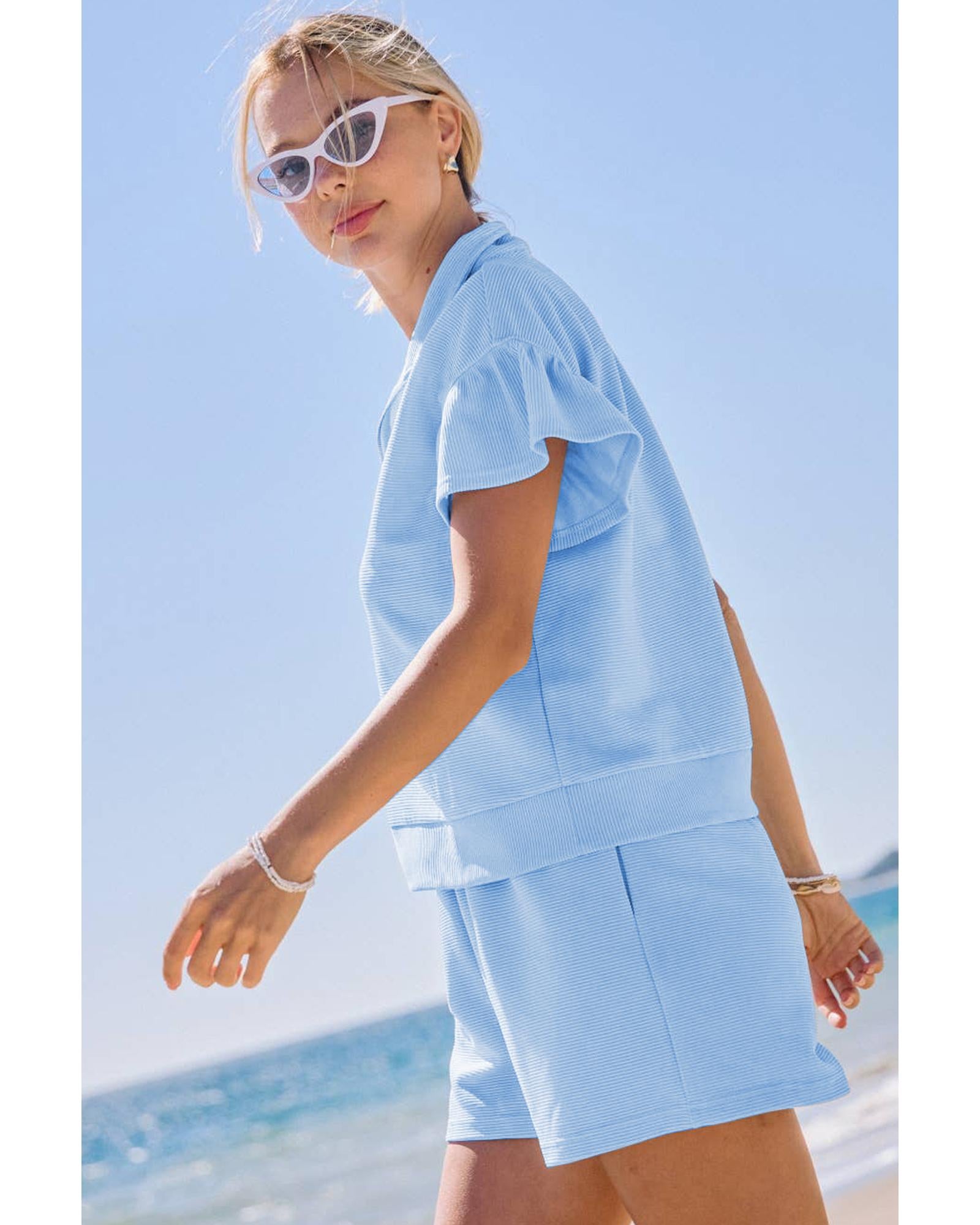 Beau Blue Ribbed Texture Half Zip Ruffled Short Sleeve Top and Shorts Set - M 3