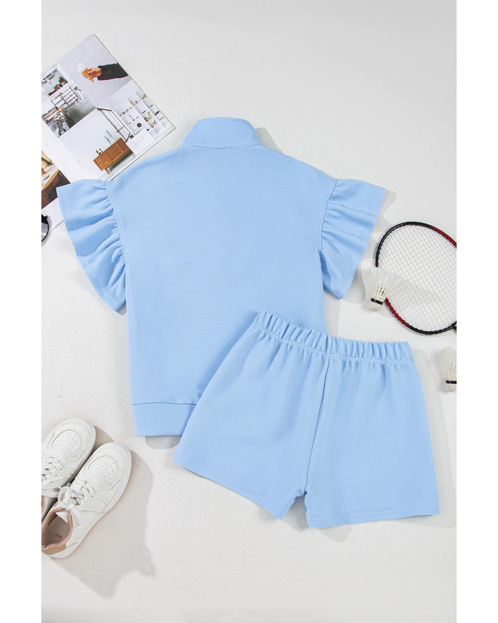 Beau Blue Ribbed Texture Half Zip Ruffled Short Sleeve Top and Shorts Set - M 8