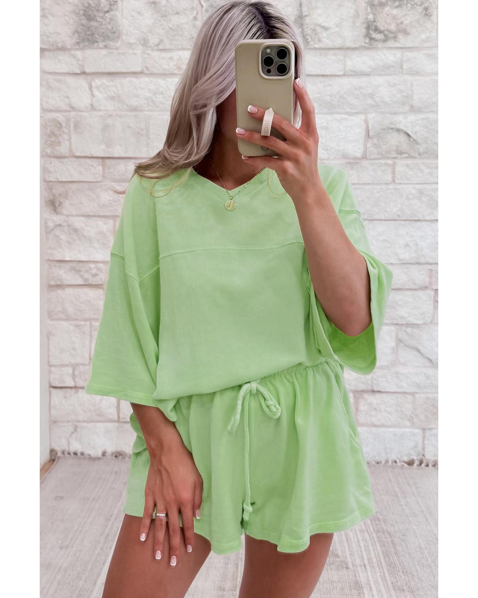 Meadow Mist Green Solid Loose V Neck Half Sleeve Tee and Shorts - L
