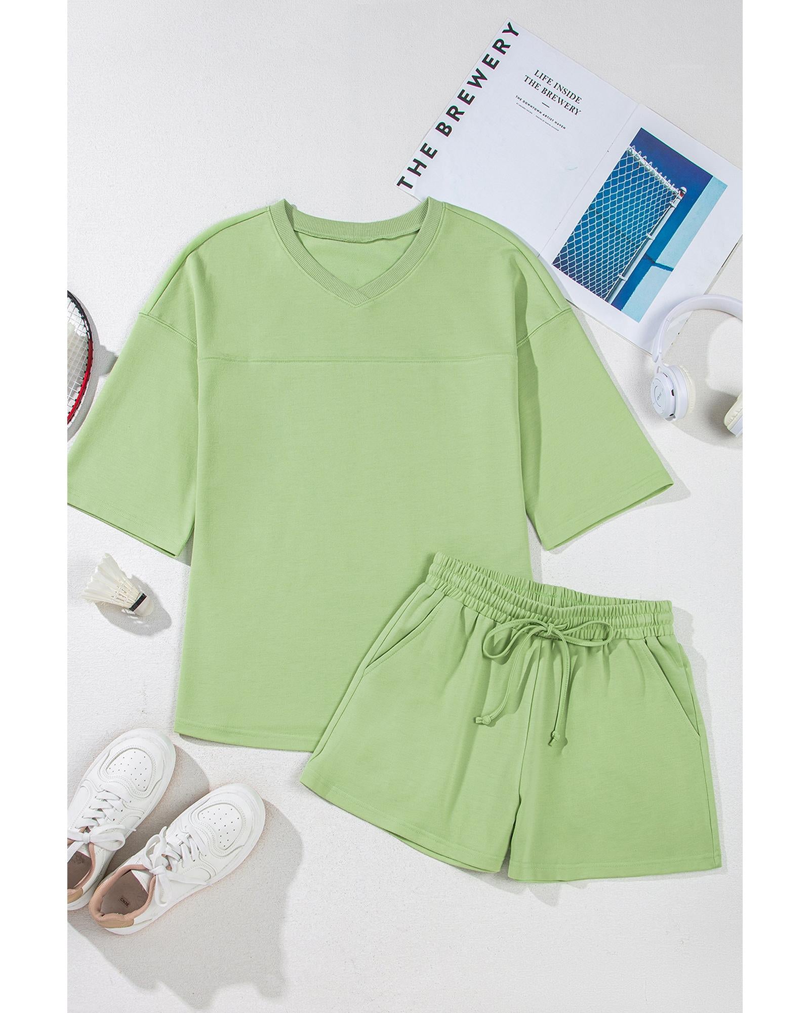 Meadow Mist Green Solid Loose V Neck Half Sleeve Tee and Shorts - L 3