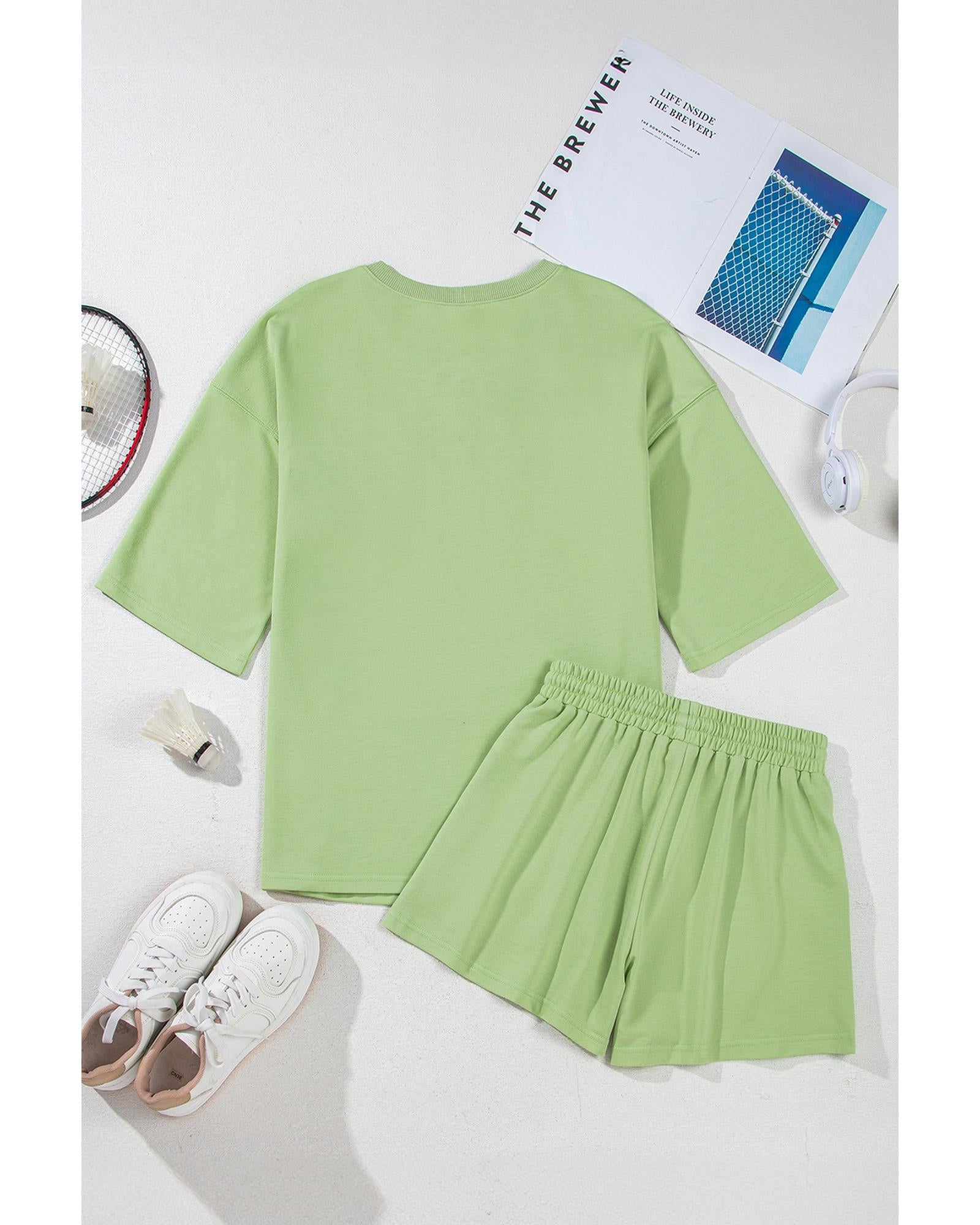 Meadow Mist Green Solid Loose V Neck Half Sleeve Tee and Shorts - L 4
