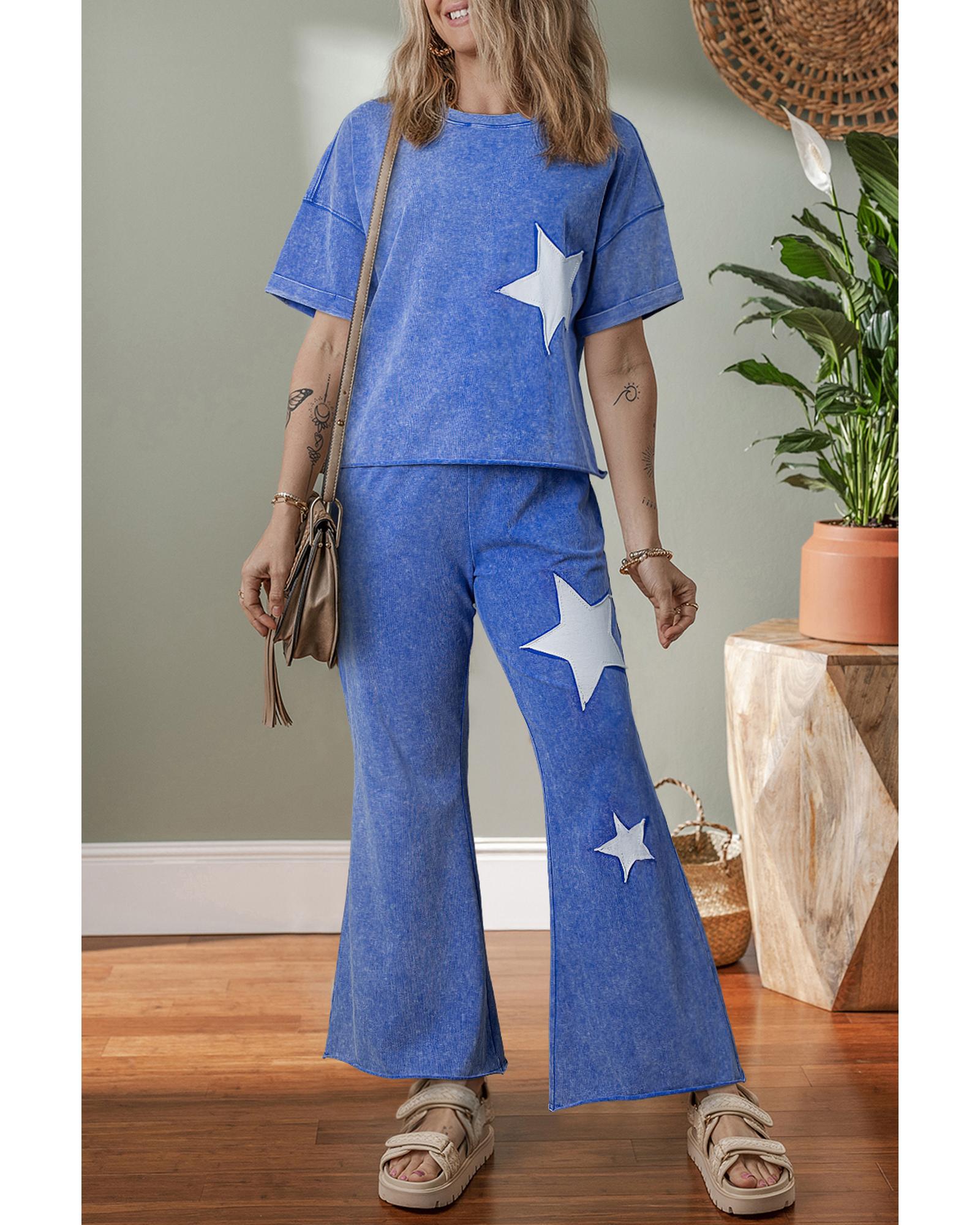 Ashleigh Blue Acid Wash Star Patched Rolled Trim Pants Set - M
