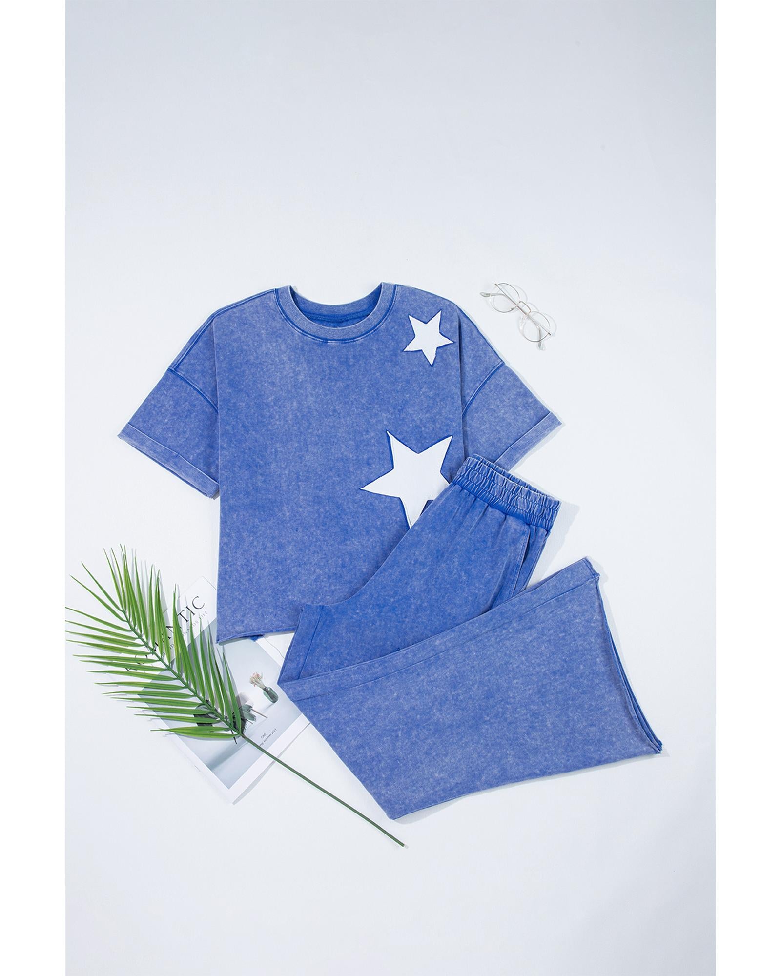 Ashleigh Blue Acid Wash Star Patched Rolled Trim Pants Set - S 3