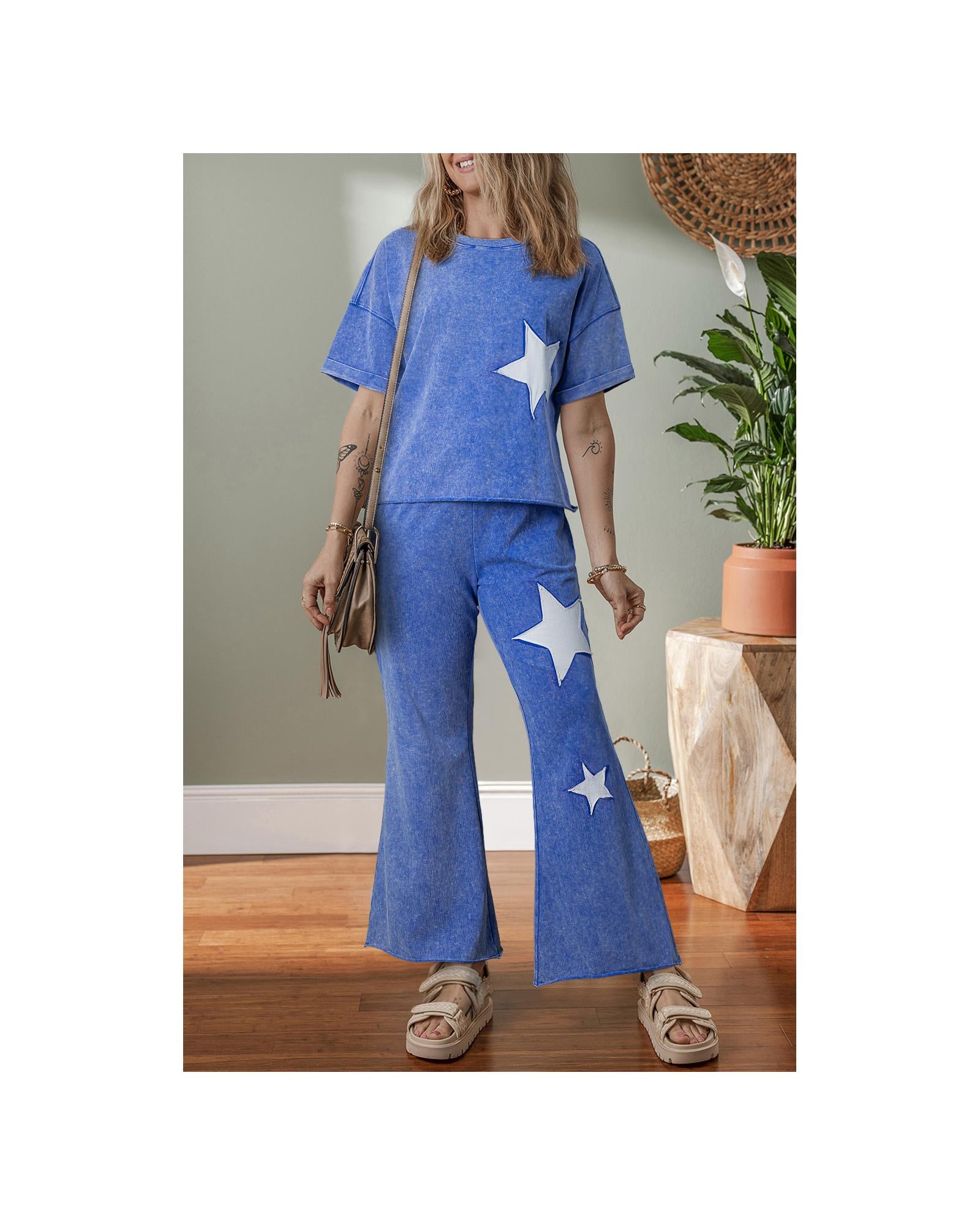 Ashleigh Blue Acid Wash Star Patched Rolled Trim Pants Set - XL