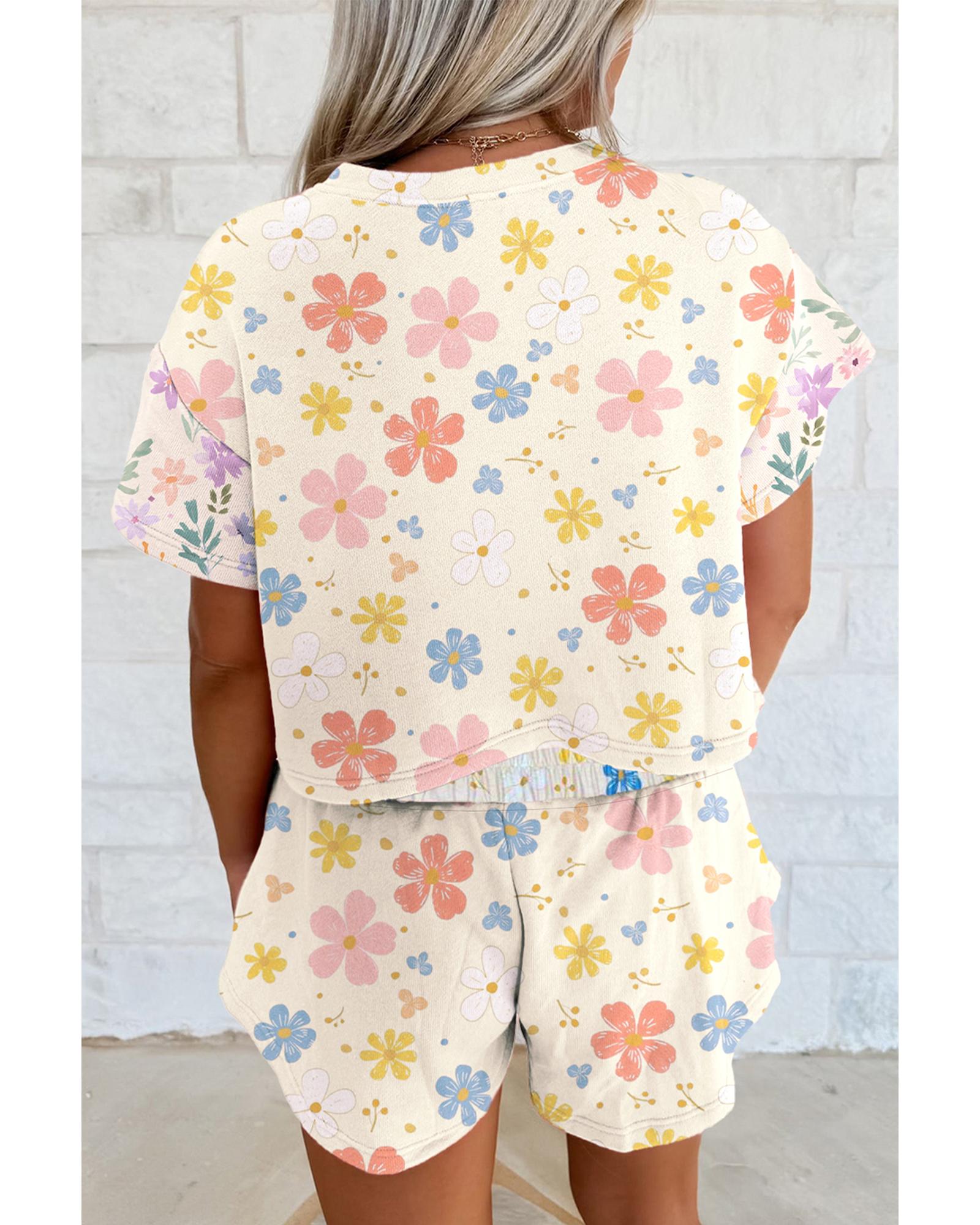 Apricot Floral Print Crop Top Wide Leg Short Set - L