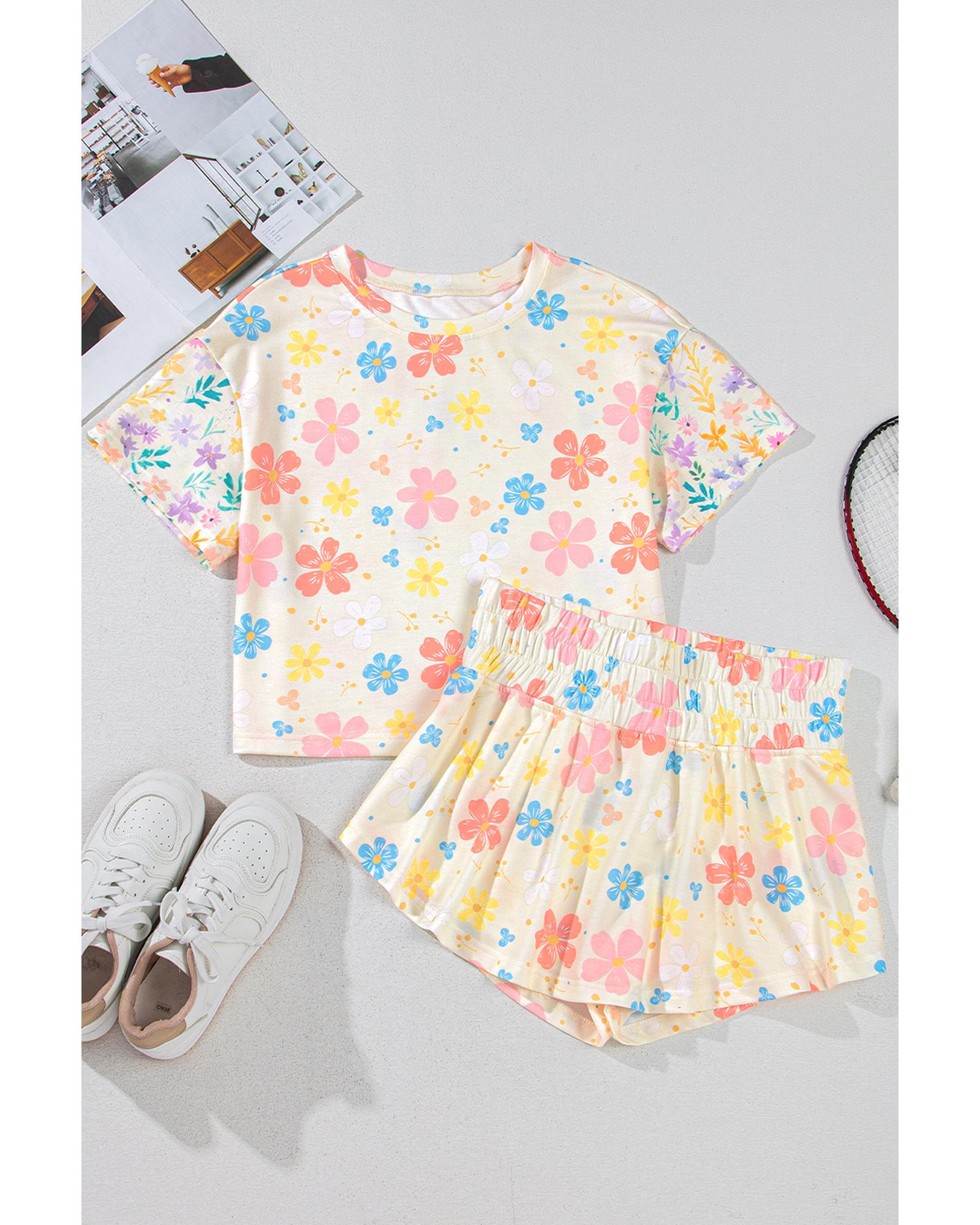 Apricot Floral Print Crop Top Wide Leg Short Set - L 3