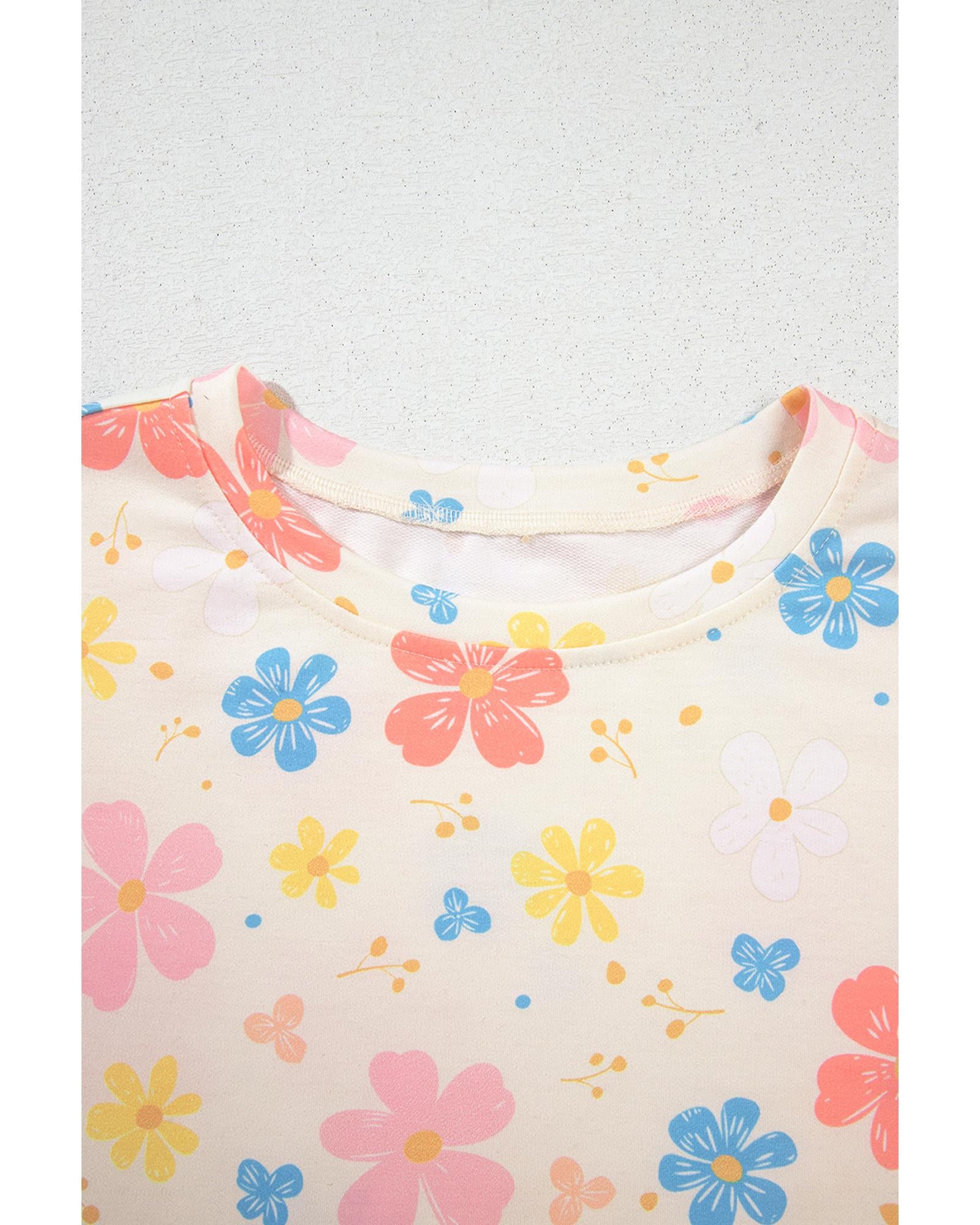 Apricot Floral Print Crop Top Wide Leg Short Set - L 5