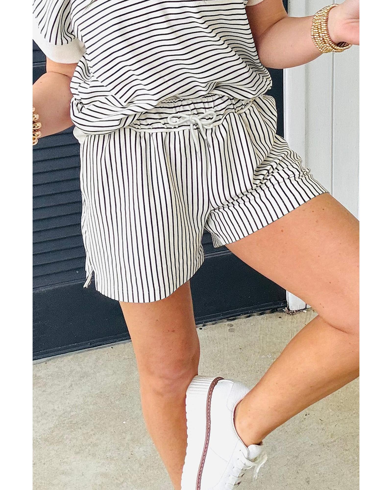 Black Stripe V Neck Tee and Casual Short Set - L 3