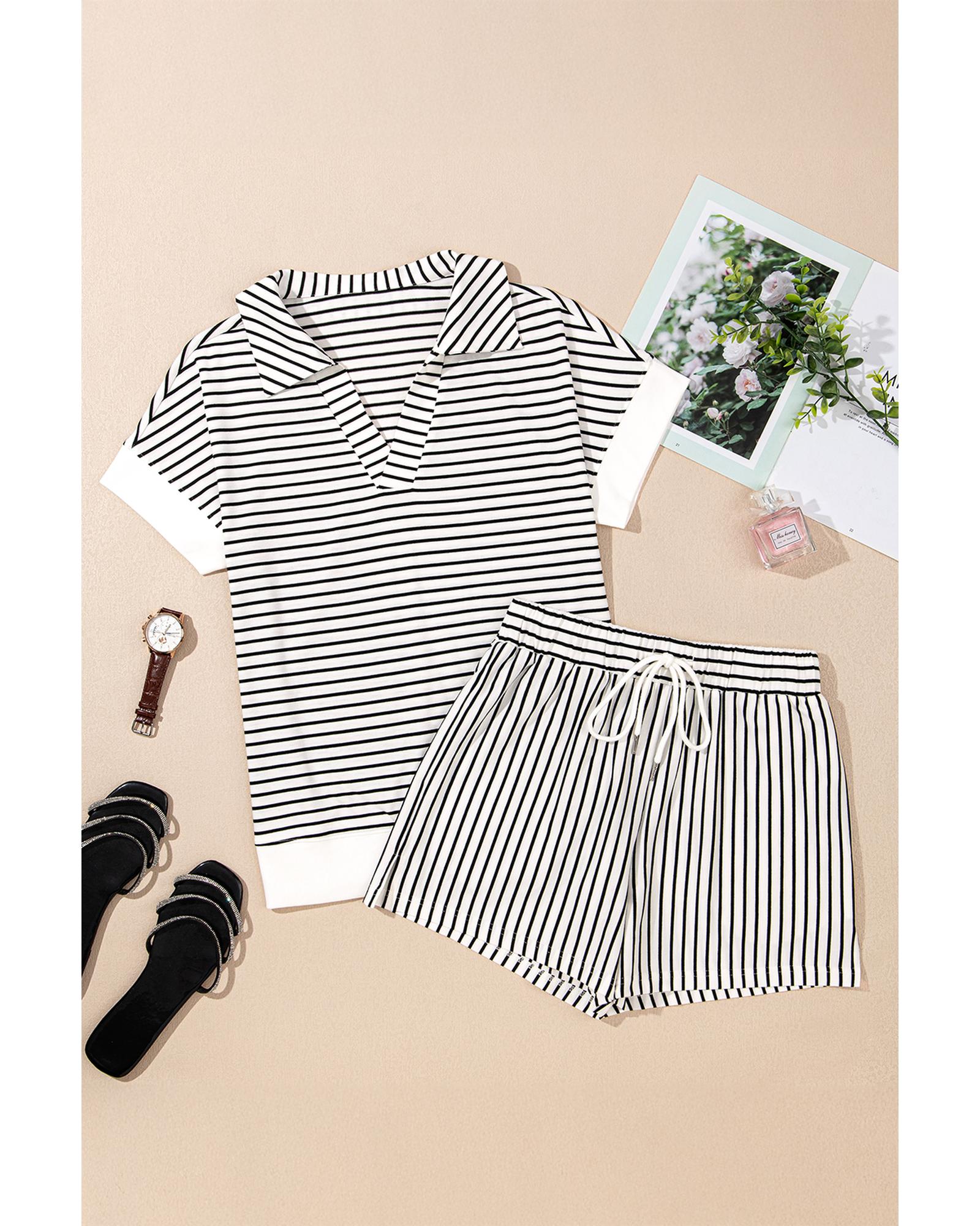 Black Stripe V Neck Tee and Casual Short Set - L 5