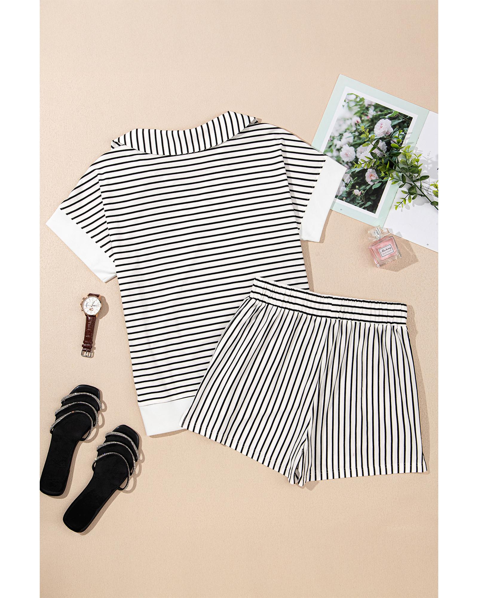 Black Stripe V Neck Tee and Casual Short Set - L 6