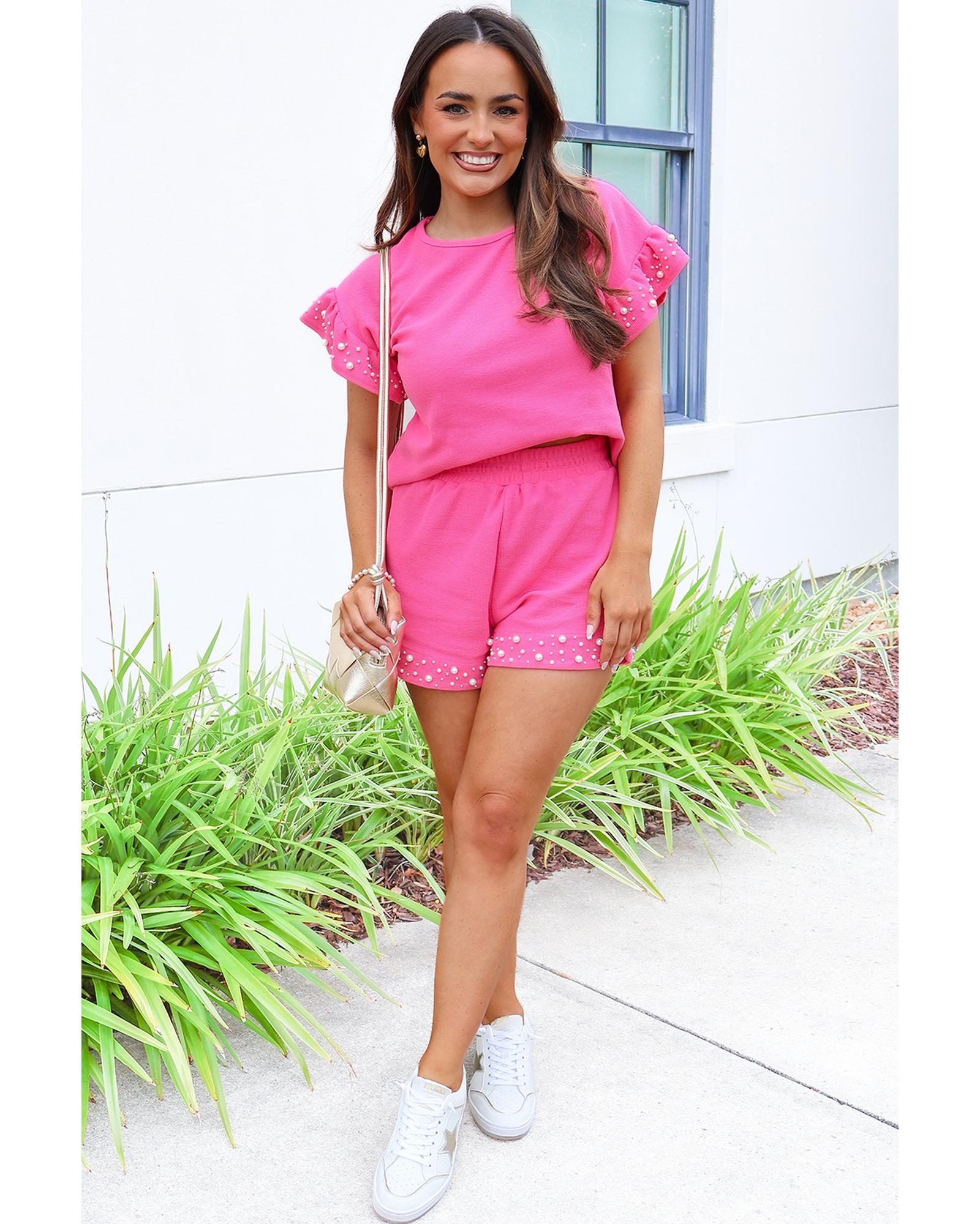 Bright Pink Textured Pearled Ruffle Sleeve Top 2 Piece Shorts Set - L