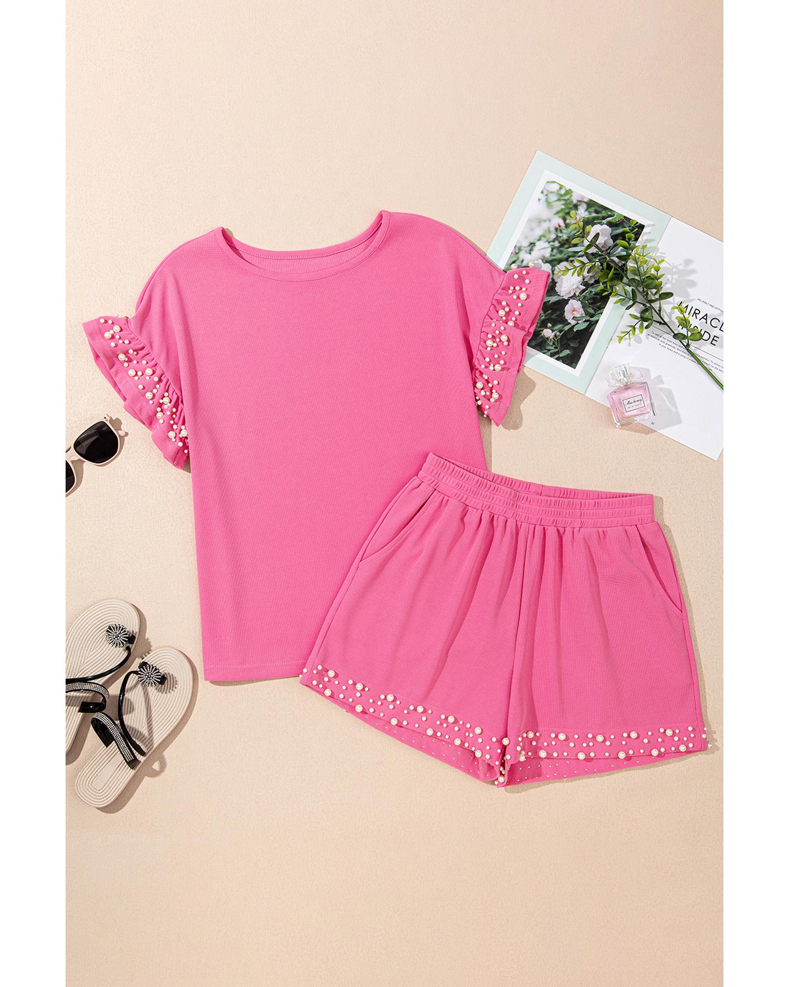 Bright Pink Textured Pearled Ruffle Sleeve Top 2 Piece Shorts Set - L 4