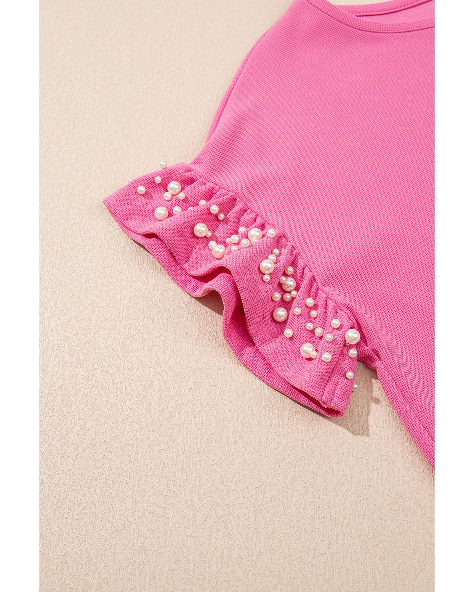 Bright Pink Textured Pearled Ruffle Sleeve Top 2 Piece Shorts Set - L 7