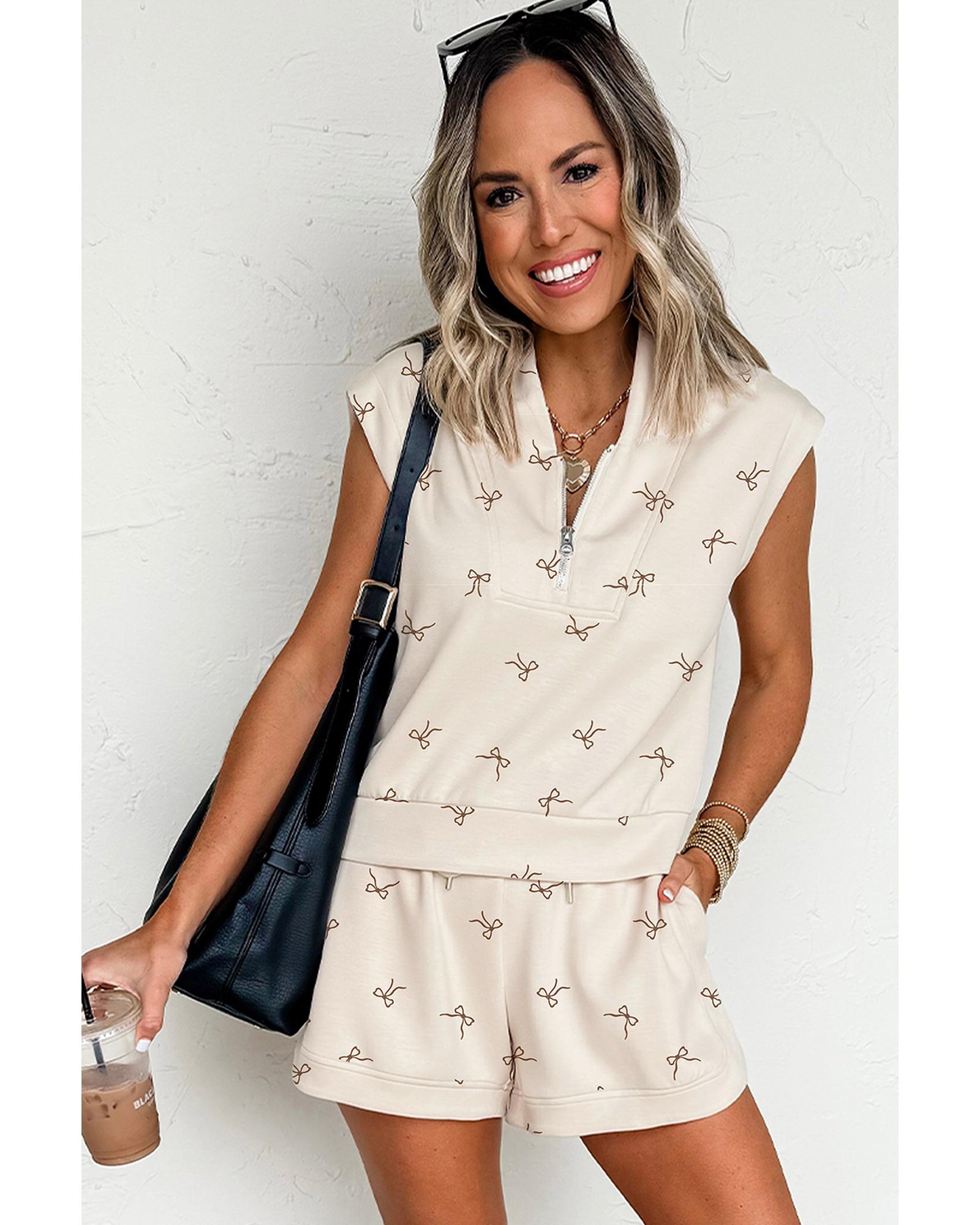 Beige Bow Print Half Zip Tank and Shorts 2pcs Set - L