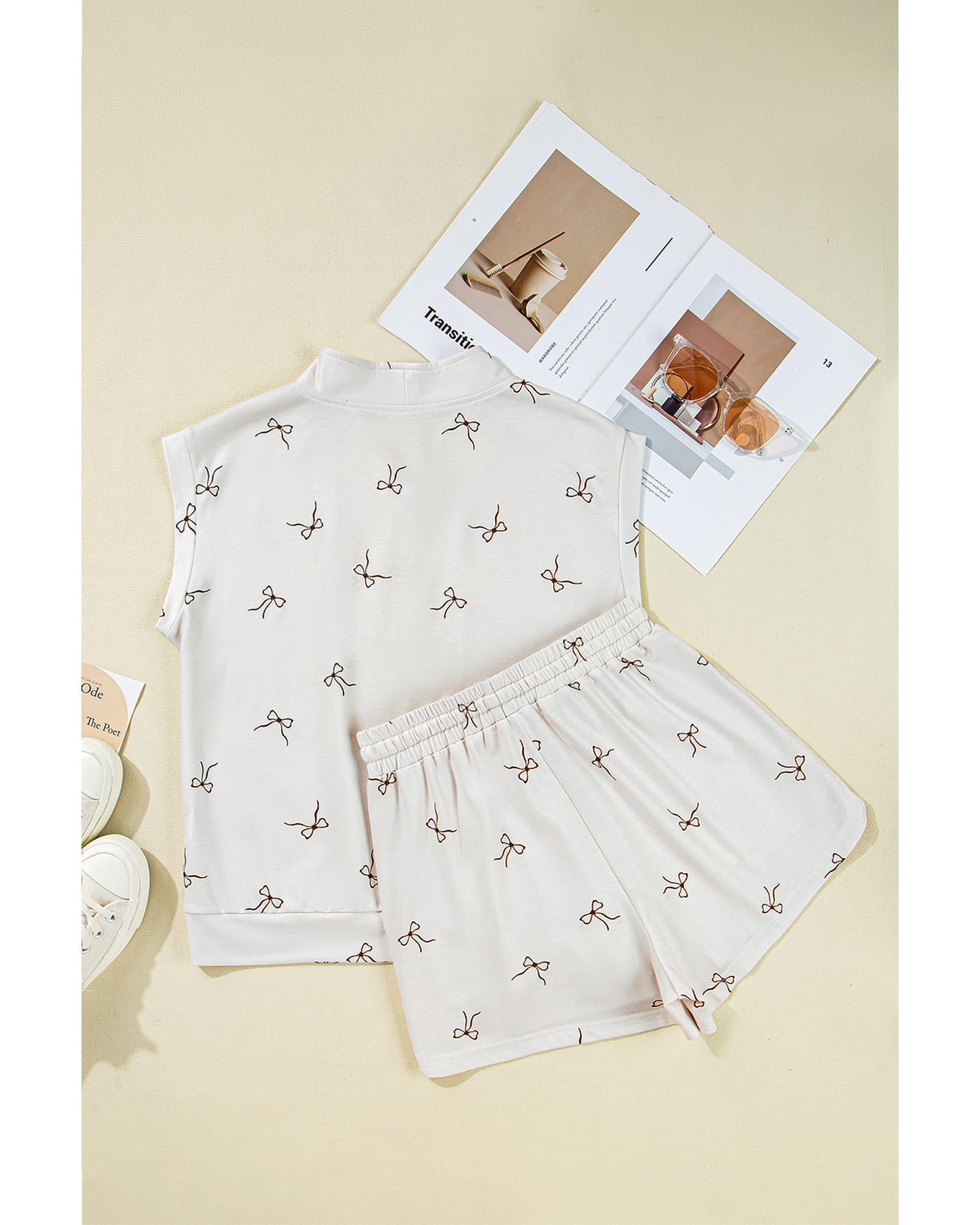 Beige Bow Print Half Zip Tank and Shorts 2pcs Set - L 4