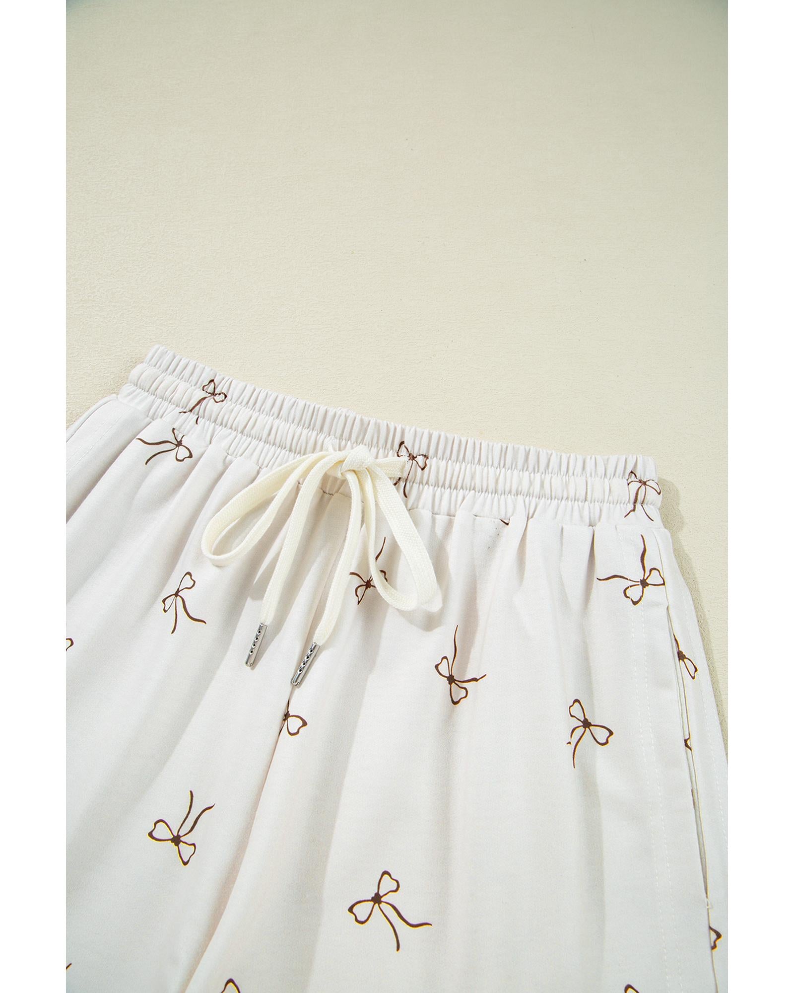 Beige Bow Print Half Zip Tank and Shorts 2pcs Set - L 5