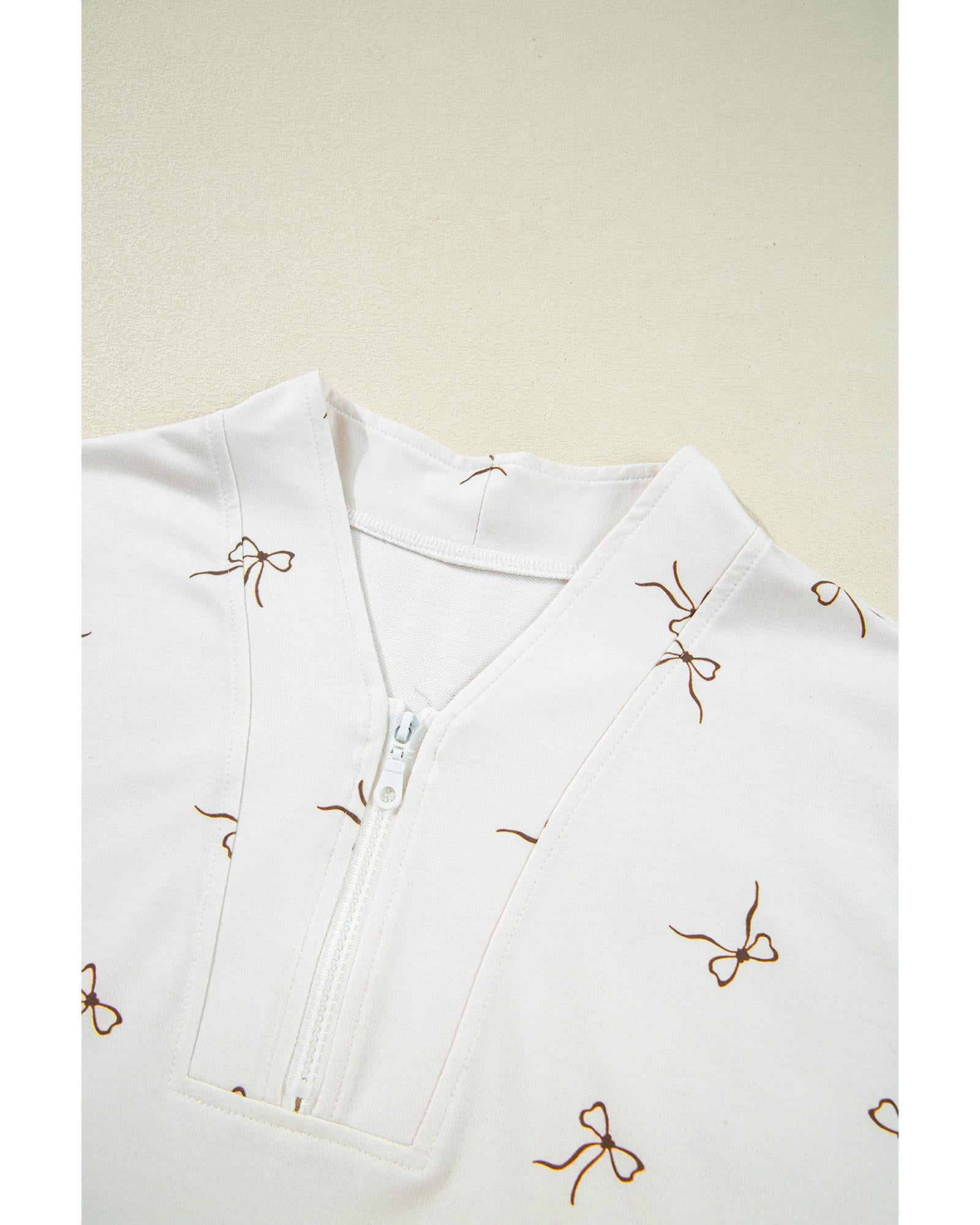 Beige Bow Print Half Zip Tank and Shorts 2pcs Set - L 7
