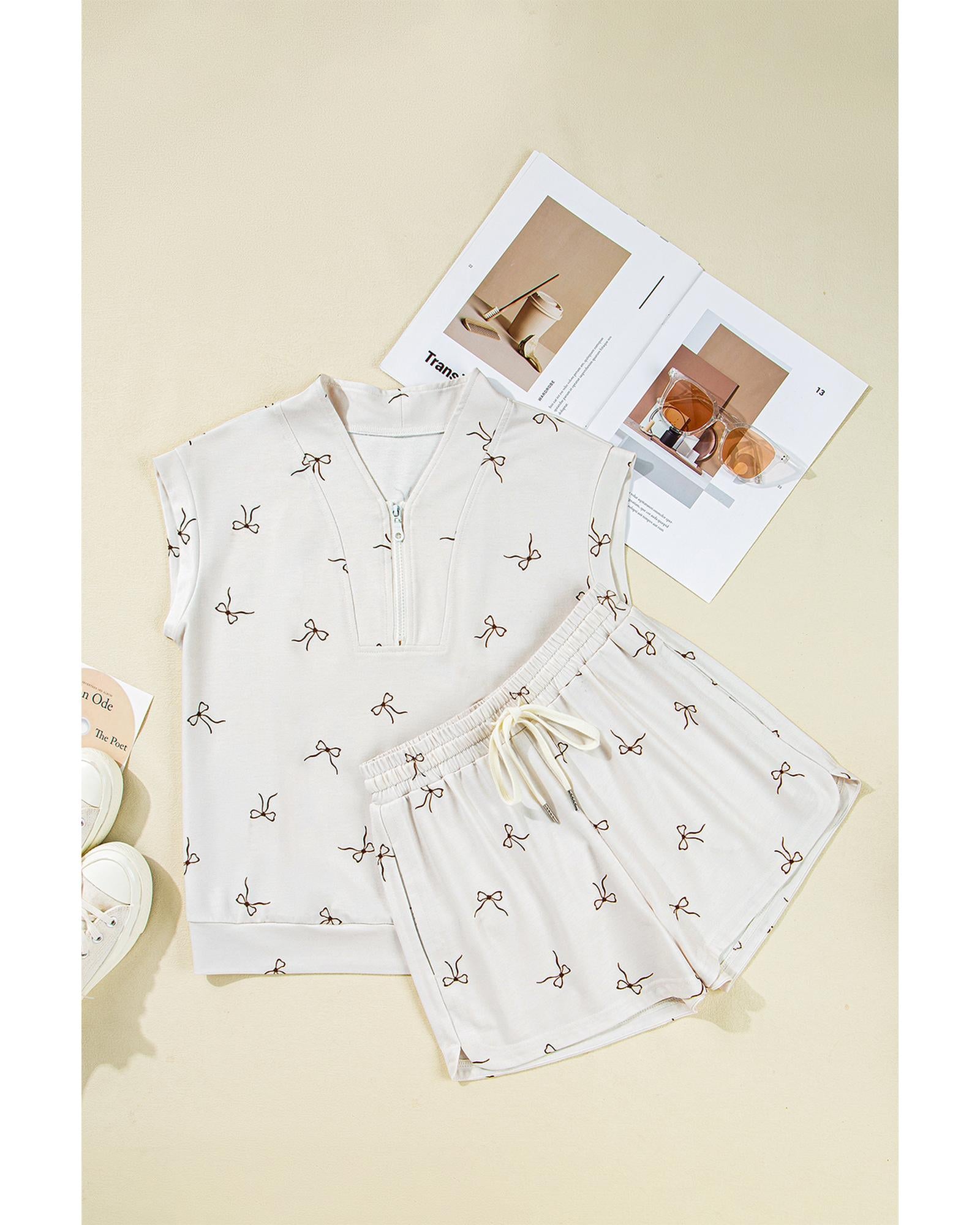 Beige Bow Print Half Zip Tank and Shorts 2pcs Set - XL 3