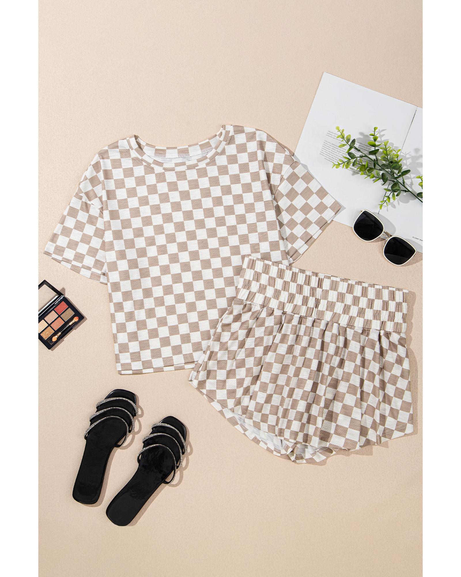 Brown Checkerboard T Shirt and High Waist Skorts 2 Piece Outfit - M 3