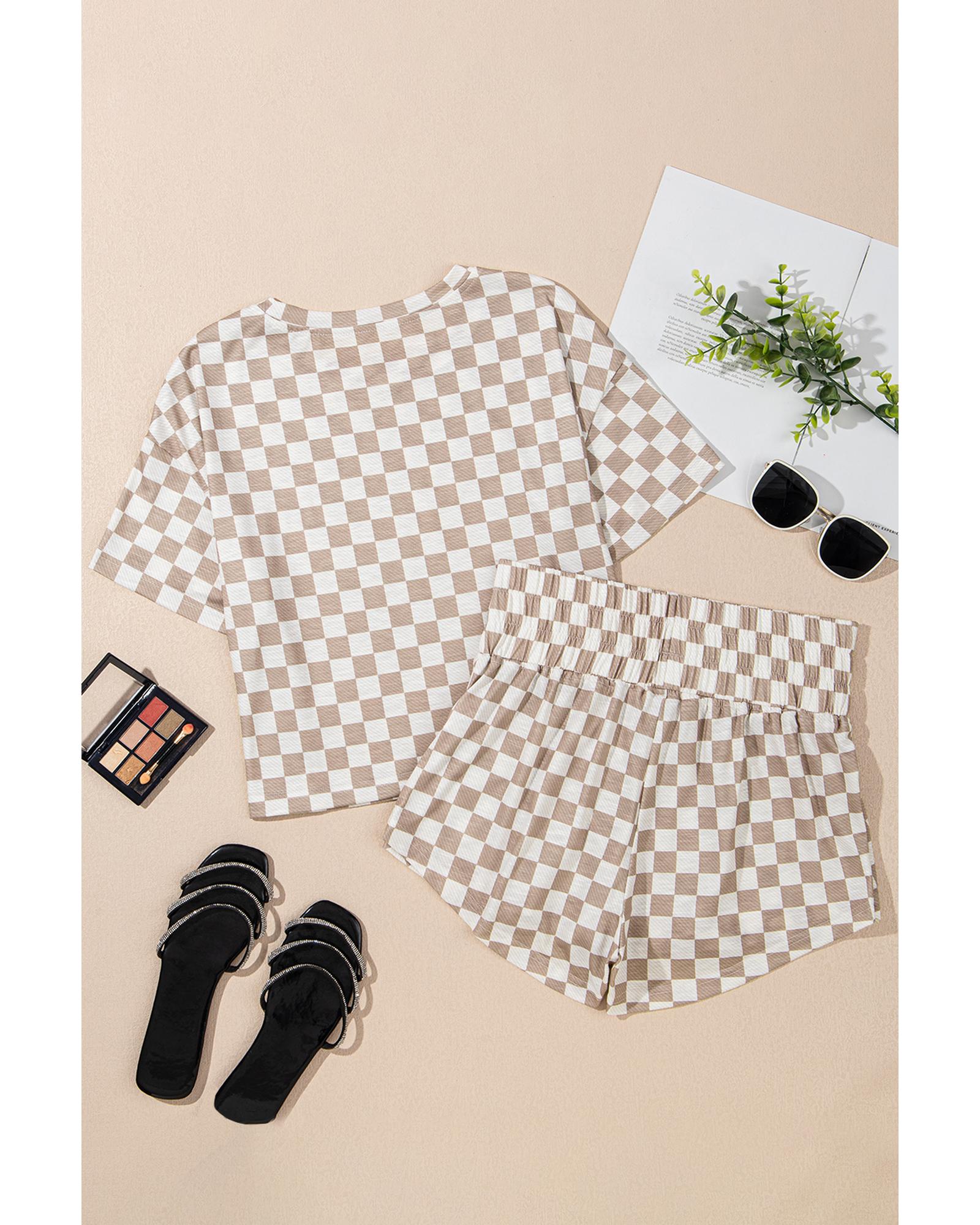 Brown Checkerboard T Shirt and High Waist Skorts 2 Piece Outfit - M 4