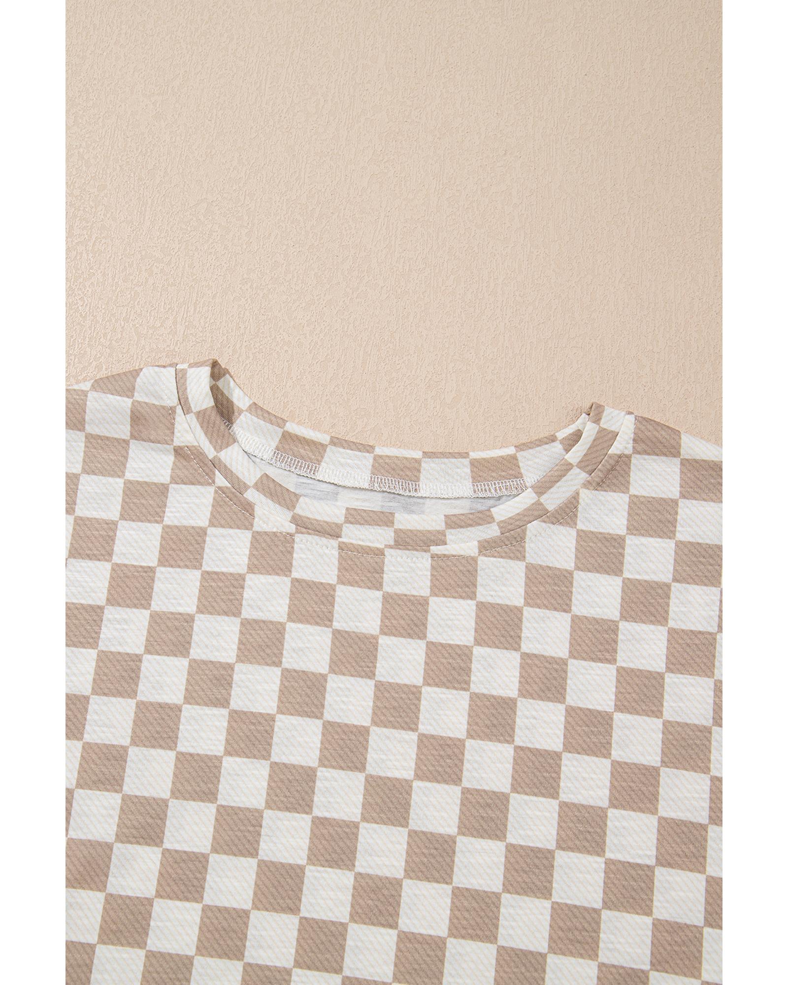 Brown Checkerboard T Shirt and High Waist Skorts 2 Piece Outfit - M 5