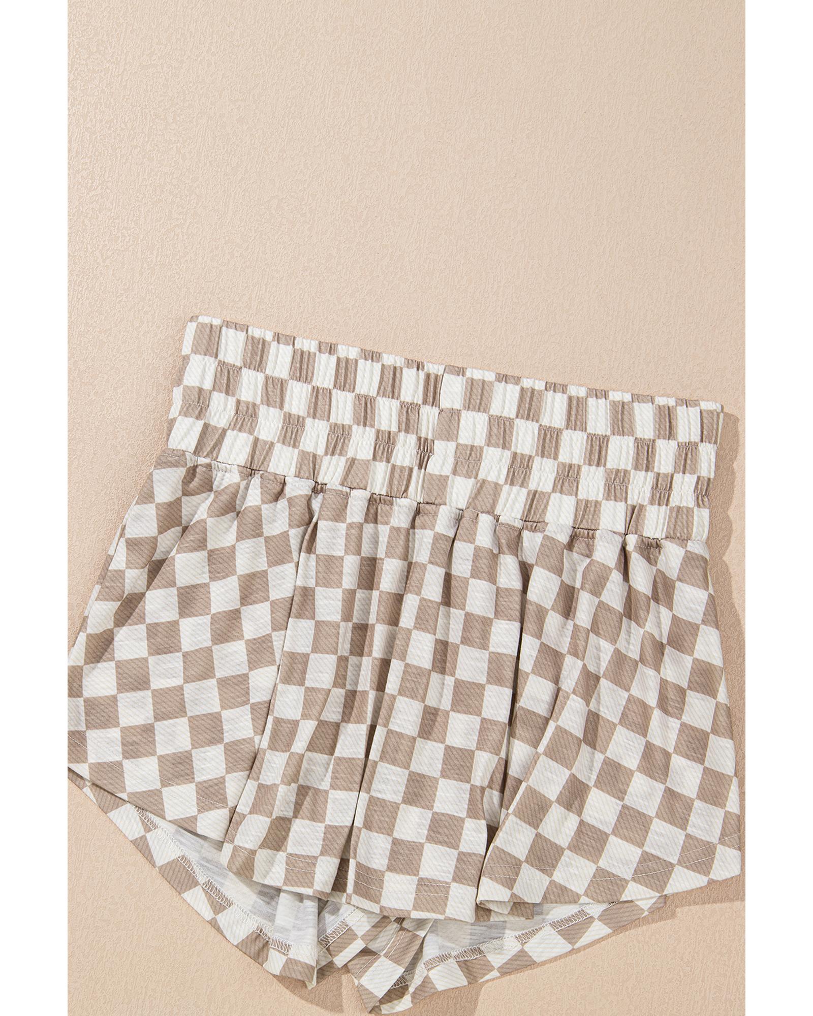 Brown Checkerboard T Shirt and High Waist Skorts 2 Piece Outfit - M 7
