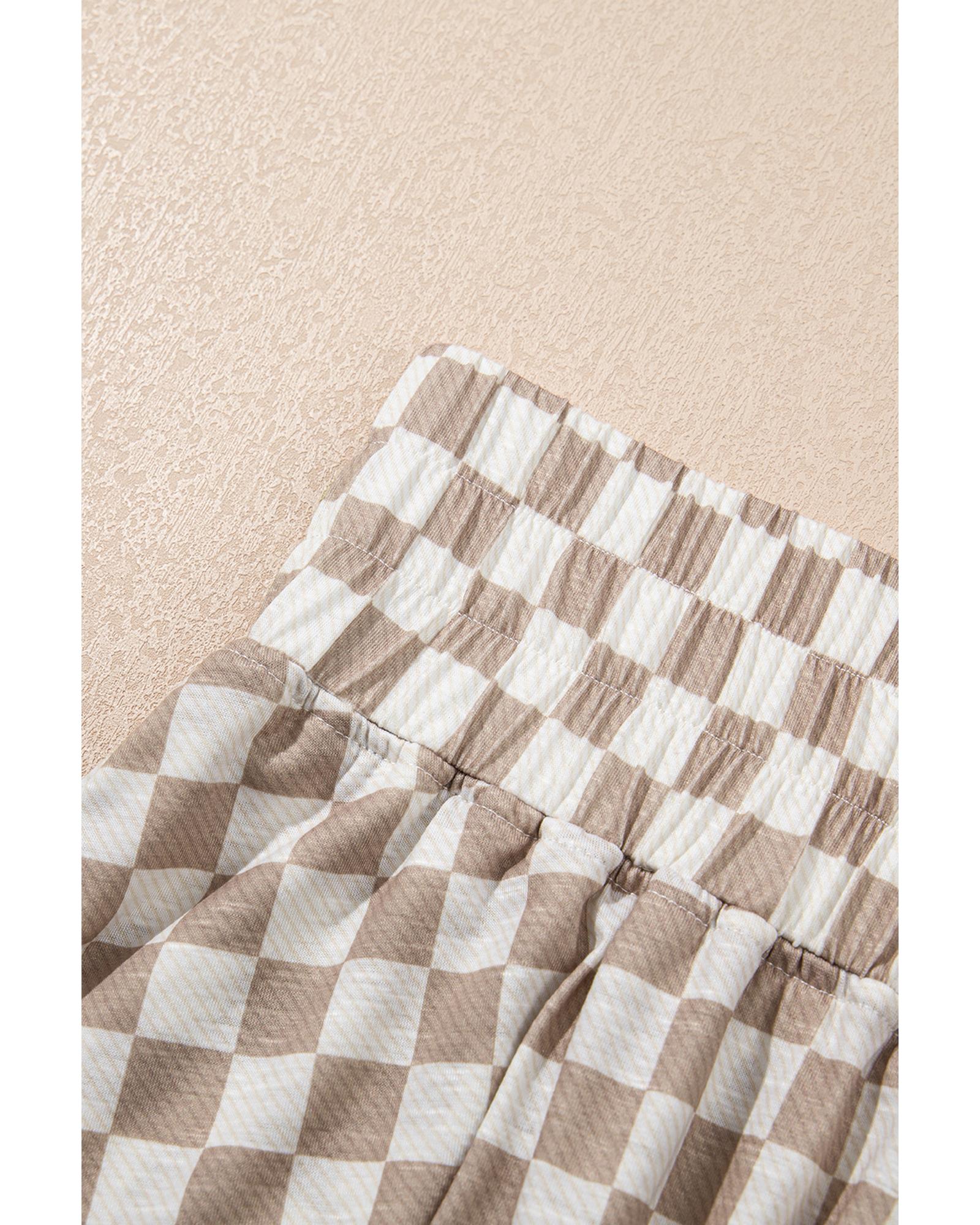 Brown Checkerboard T Shirt and High Waist Skorts 2 Piece Outfit - M 8
