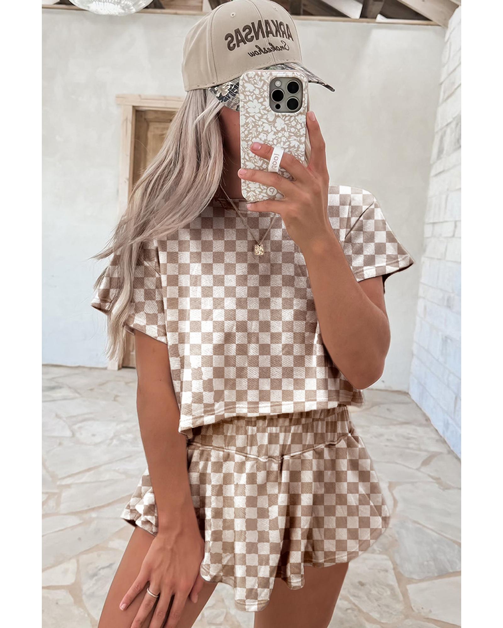 Brown Checkerboard T Shirt and High Waist Skorts 2 Piece Outfit - S