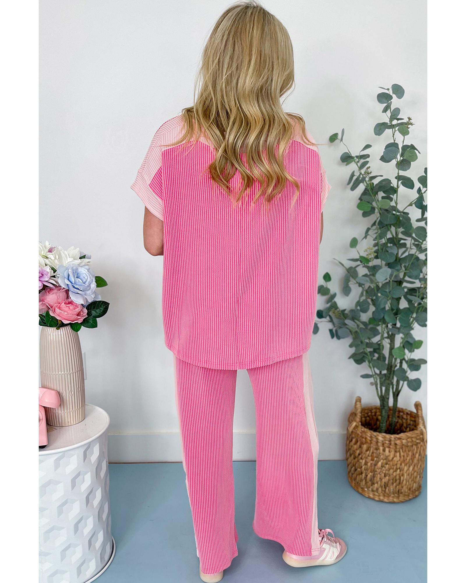 Sachet Pink 2-tone Colorblock Patchwork Corded 2pcs Outfit - L