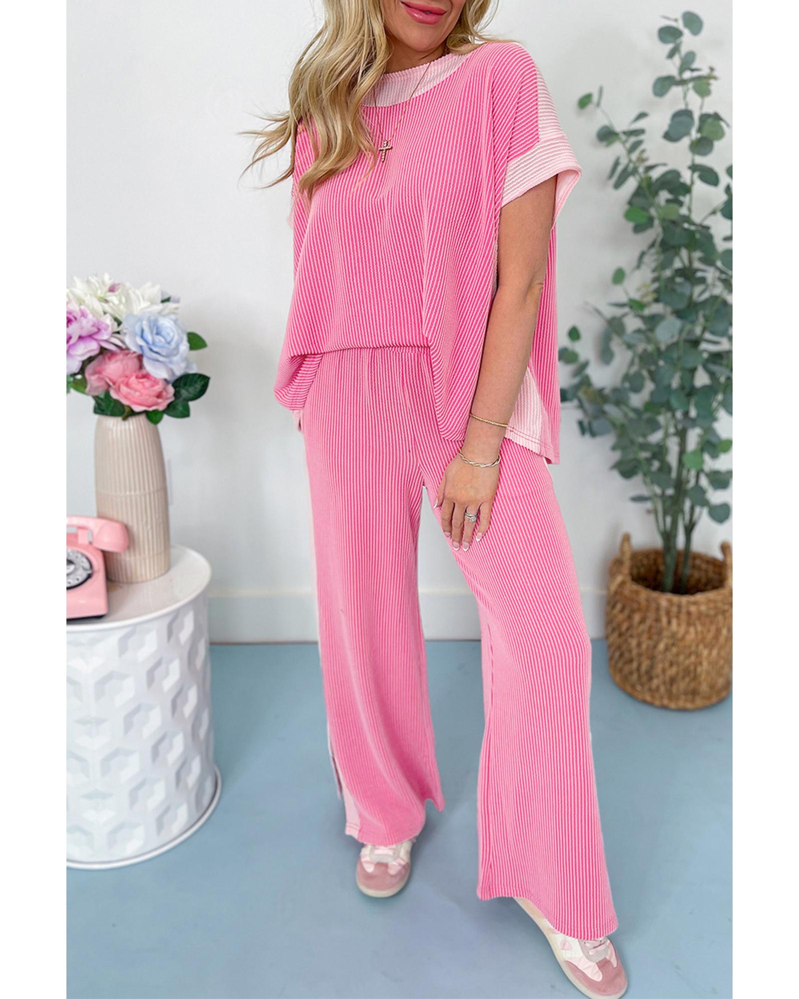 Sachet Pink 2-tone Colorblock Patchwork Corded 2pcs Outfit - S